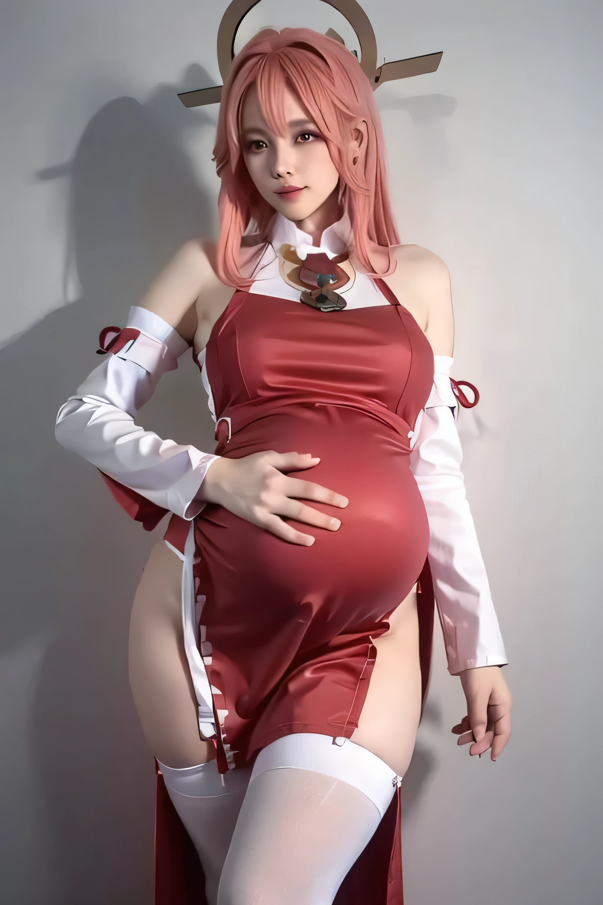 a tall cut woman that is pregnant with long smooth hair wearing a maids outfit