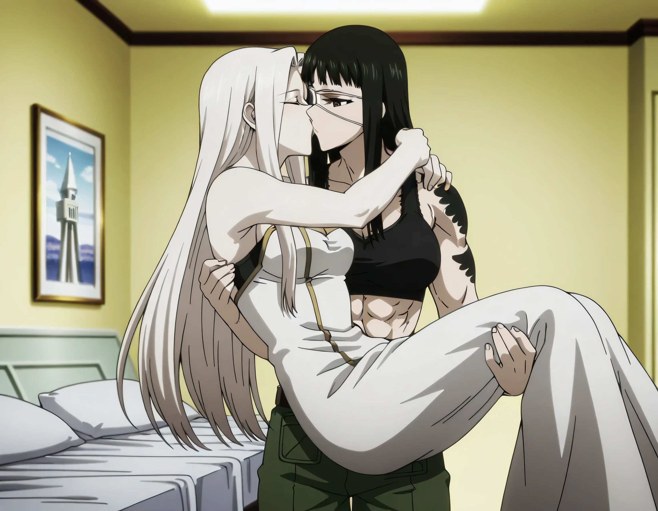 2girl,solo,mm,mature female,black hair,eyepatch,brown eyes,medium breasts,anime coloring,long hair, muscular,black sport bra and green military trousers with belt,cowboy shot, ,military base, tattoo, ,masterpiece,best quality,amazing quality,pelvis muscles,muscles lines,Valmet with beautiful irisviel having a long gray hair,irisviel wearing white dress,irisviel soft body,lesbians,yuri,irisviel shorter than valmet,Valmet carrying irisviel in princess carry,irisviel back front Valmet,Valmet her arms Around irisviel stomach,Valmet and irisviel deep kissing,eyes closed,irisviel arms around Valmet neck,light trun off in room, Valmet×irisviel,kissing each other