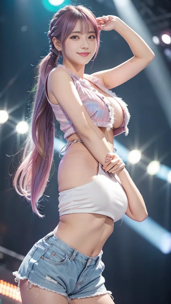 (8k, RAW photos, top quality, masterpiece: 1.2), (realistic, photorealistic: 1.37), (High Quality), (Ultra realistic), (High Details), (Face detail), (Shadow Detail), ((gigantic huge bresat : 1.5)), (wide hips), (big butt), solo, 1 girl, pink hair, eyeshadow, eyeliner, make-up, red lips, white bikini, smile