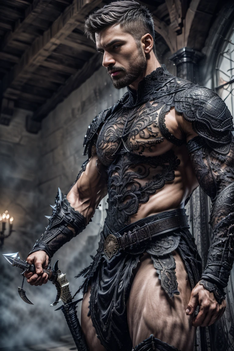 ic34rmor, wearing ice barbarian armor, see-through, ((fighting stance)), medieval fantasy city background, outdoors, holding weapon, (face portrait), (extreme close up:1.4), harness, realistic, masterpiece, intricate details, detailed background, depth of field, photo of a man,