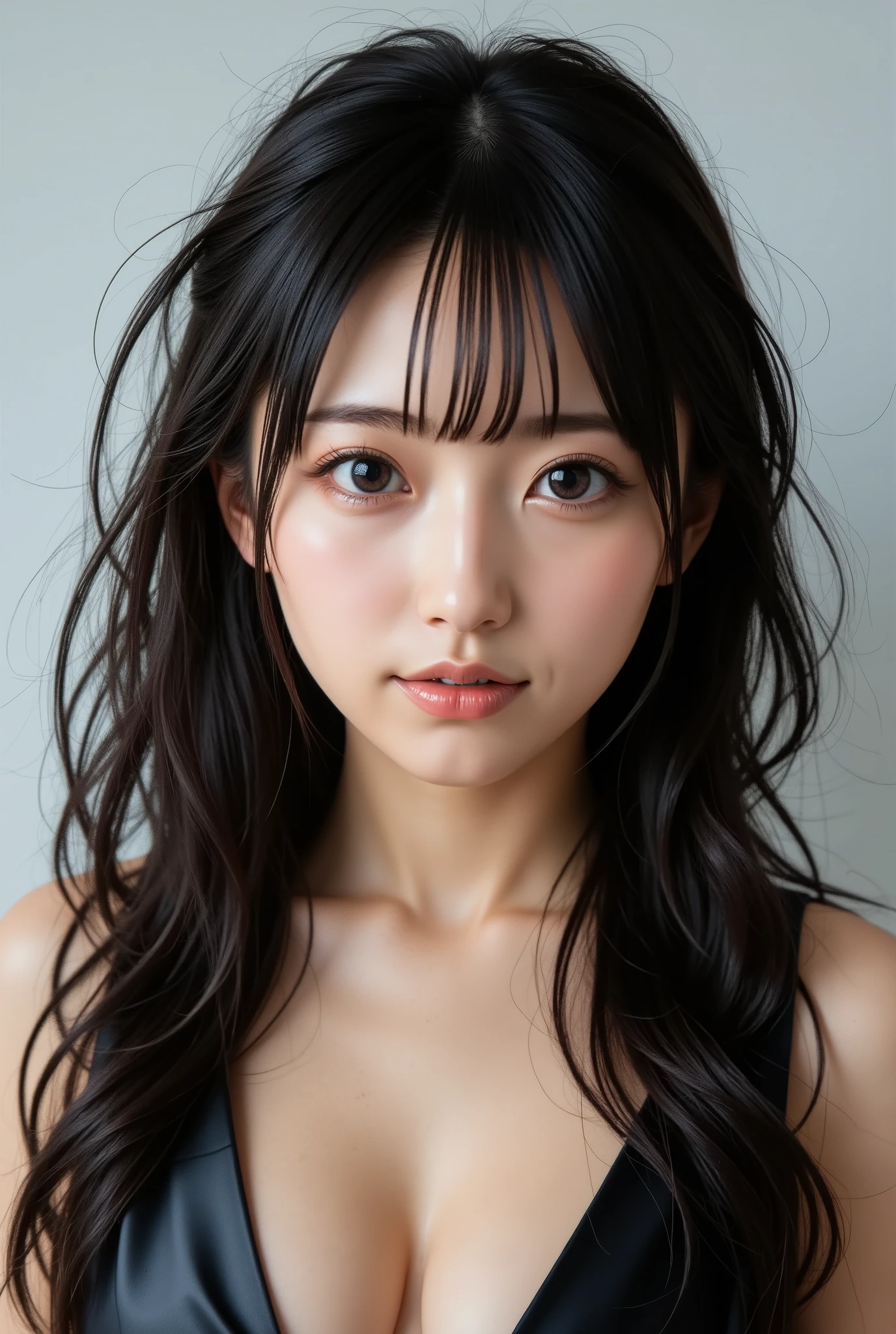 (1girl in), super long hair random , Extremely cute face, (random colors 3color )Amazing face and eyes, (Highly detailed eyes, Highly detailed face), fresh, Very clean appearance, (Hyper- realistic , hight resolution), (Best Quality:1.4), (hyper quality), puffy Authentic skin texture, Raw photo, (  realistic  , Photo realistic :1.37), Highly detailed, Professional 32k sexy female models , Huge breasts, eyes, twintails nlack hair High resolution , Upper body, No background, Studio Lightning ,highest quality、masterpiece、Ultra-high resolution、RAW Photos、(  realistic  :1.4)、1 Girl、very cute、 Adorable、 Shiny Dress, sexy,(Face without makeup:1.3)、 (Super reflective latex Polarized Paint Dress:1.7)、Very attractive 、（Short ponytail hairstyle：1.6）、The arms are bare skin、Common poses、Precise finger drawing,ラテックス素材のPolarized Paint Dress、Super tight dresses、smile、Real Face without makeup、Full body photo、Beautiful black hair、Hair color is black、round jawline、Full body photo shoot、Japanese Girls、（Super short skirt：1.3）、Polarized Paint Dress、Polarized paint latex、Wide-angle fisheye lens、Idol looking down at the camera、close、Ground to ceiling camera angle、Shot from very low angles、straddling a man in bed、