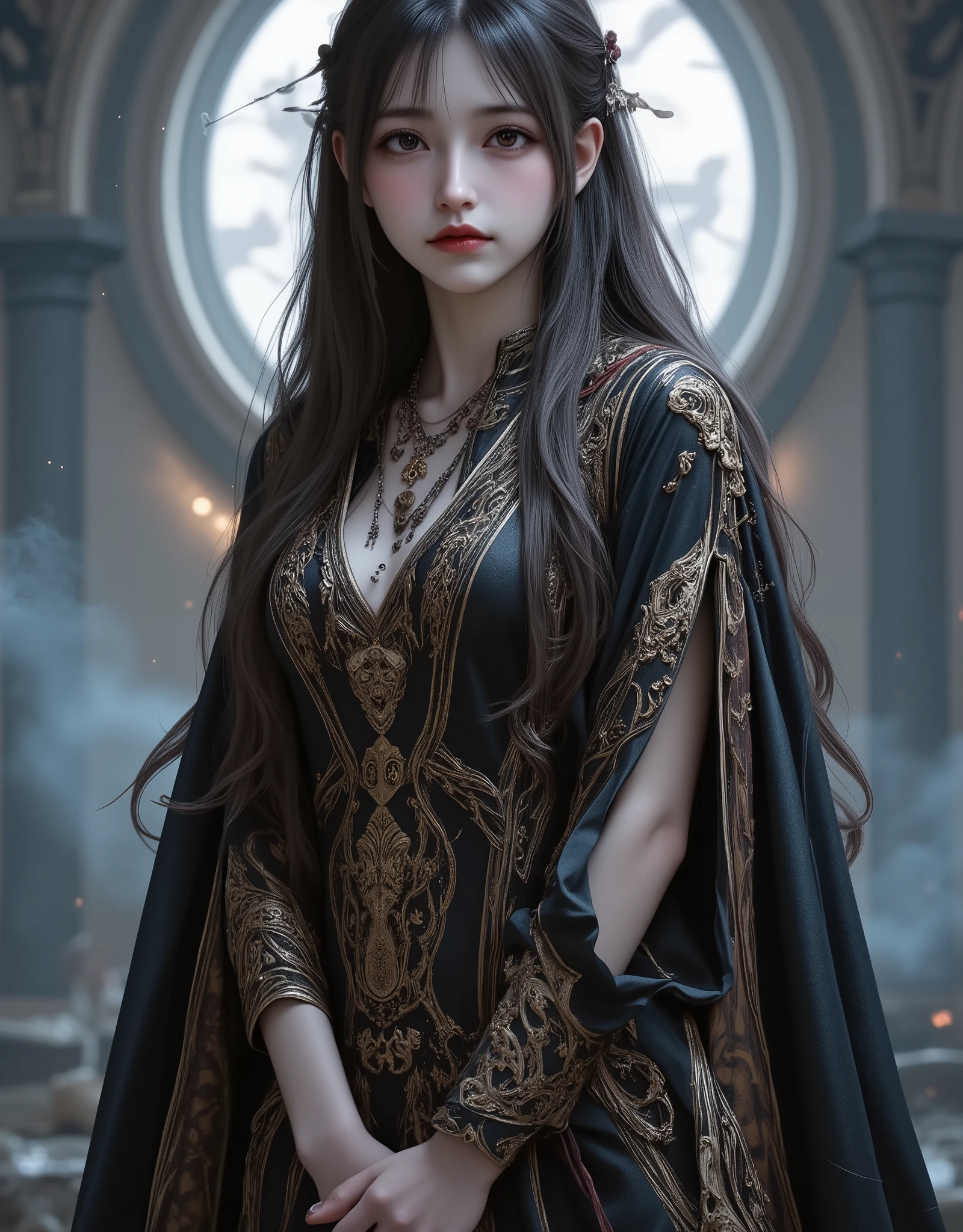 8K ultra hd, masterpiece,1 girl, ((realistic face)), detailed eyes, ((very long hair)), flowing hair, small breasts, royal dress, decorated dress, black dress, anitque jwellery, detailed lacing, flowing cape, bare navel, moon light, amazing night outdoor, spot lights, glowing lights, depth of field, ray tracing, bloom, realistic shadow, tyndal effect, spreding, lights, looking at the audience, attractive pose,