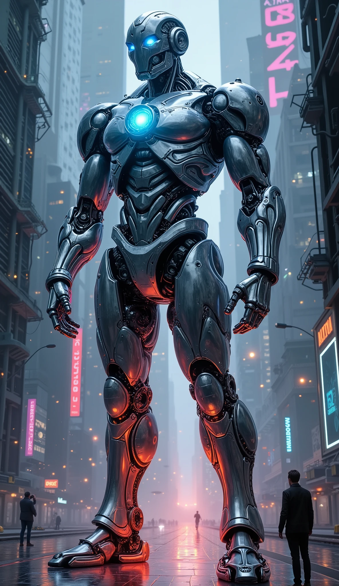 Illumination art, a giant mechanical robot in the middle of a futuristic city, extremely detailed, hyper realistic, cinematic lighting, 8k, intricate mechanical details, glowing blue energy core, steel armor plating, complex gears and pistons, urban cityscape background with skyscrapers, neon lights, flying cars, dark moody atmosphere, dramatic shadows, powerful and imposing presence, intricate panel lines, metallic sheen, cinematic angles, dramatic depth of field, masterpiece, photorealistic, ARW