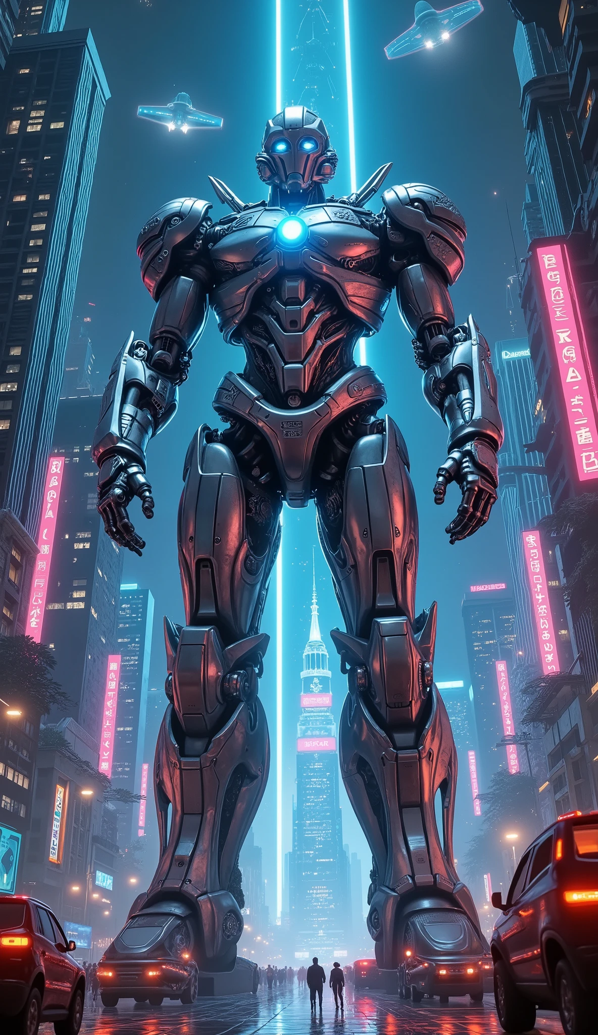 Illumination art, a giant mechanical robot in the middle of a futuristic city, extremely detailed, hyper realistic, cinematic lighting, 8k, intricate mechanical details, glowing blue energy core, steel armor plating, complex gears and pistons, urban cityscape background with skyscrapers, neon lights, flying cars, dark moody atmosphere, dramatic shadows, powerful and imposing presence, intricate panel lines, metallic sheen, cinematic angles, dramatic depth of field, masterpiece, photorealistic, ARW