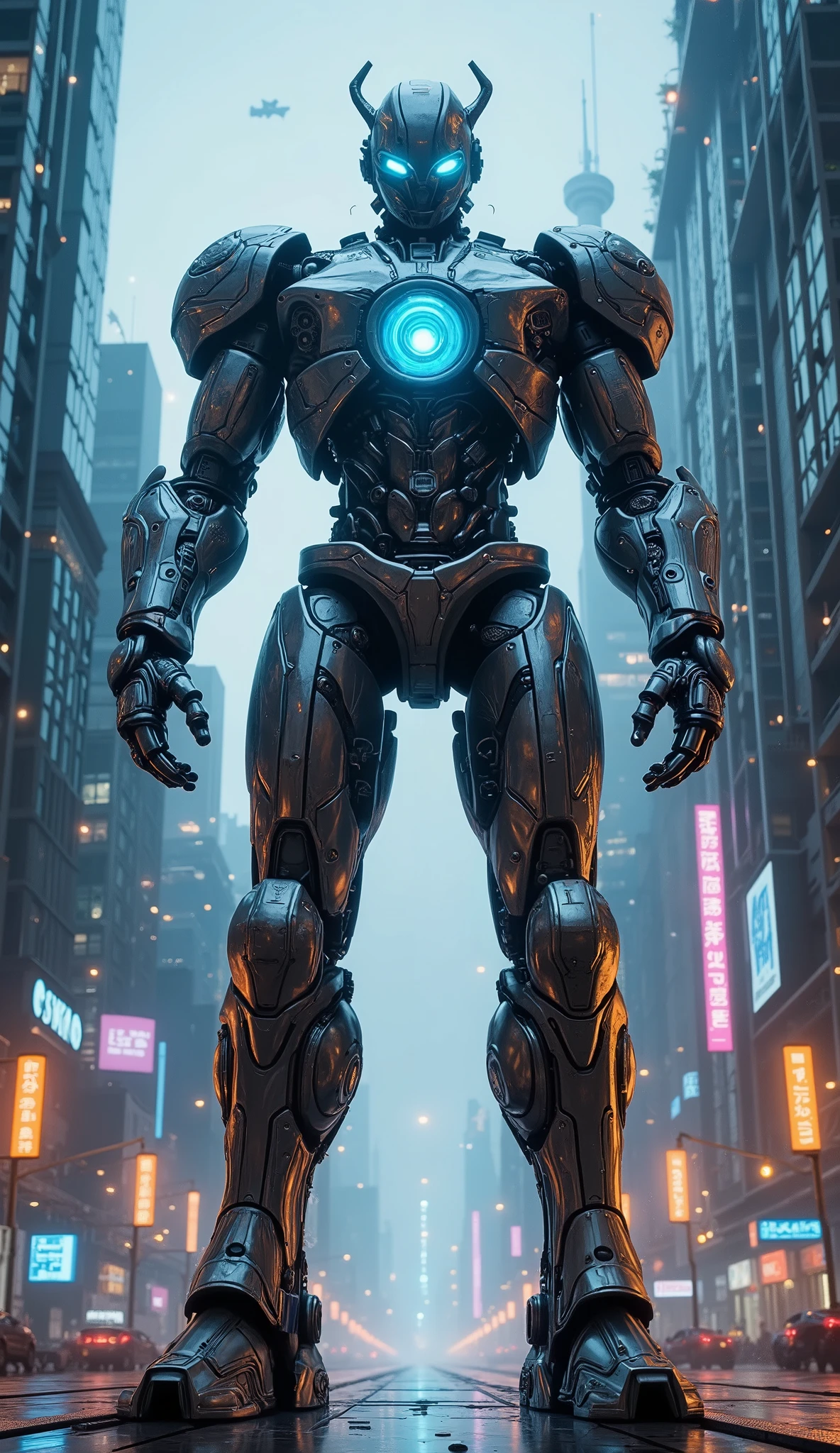 Illumination art, a giant mechanical robot in the middle of a futuristic city, extremely detailed, hyper realistic, cinematic lighting, 8k, intricate mechanical details, glowing blue energy core, steel armor plating, complex gears and pistons, urban cityscape background with skyscrapers, neon lights, flying cars, dark moody atmosphere, dramatic shadows, powerful and imposing presence, intricate panel lines, metallic sheen, cinematic angles, dramatic depth of field, masterpiece, photorealistic, ARW