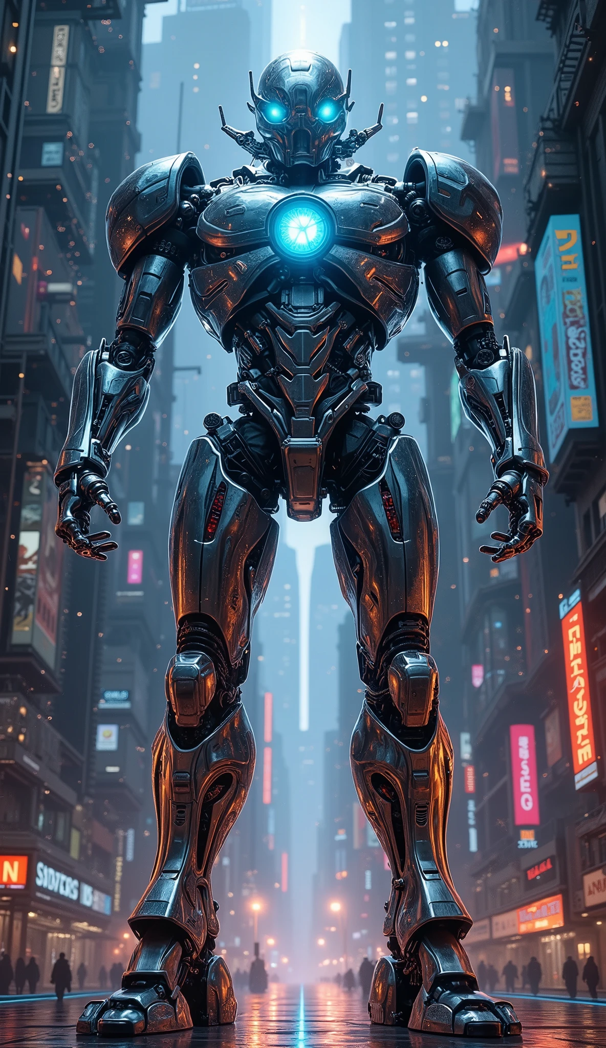 Illumination art, a giant mechanical robot in the middle of a futuristic city, extremely detailed, hyper realistic, cinematic lighting, 8k, intricate mechanical details, glowing blue energy core, steel armor plating, complex gears and pistons, urban cityscape background with skyscrapers, neon lights, flying cars, dark moody atmosphere, dramatic shadows, powerful and imposing presence, intricate panel lines, metallic sheen, cinematic angles, dramatic depth of field, masterpiece, photorealistic, ARW