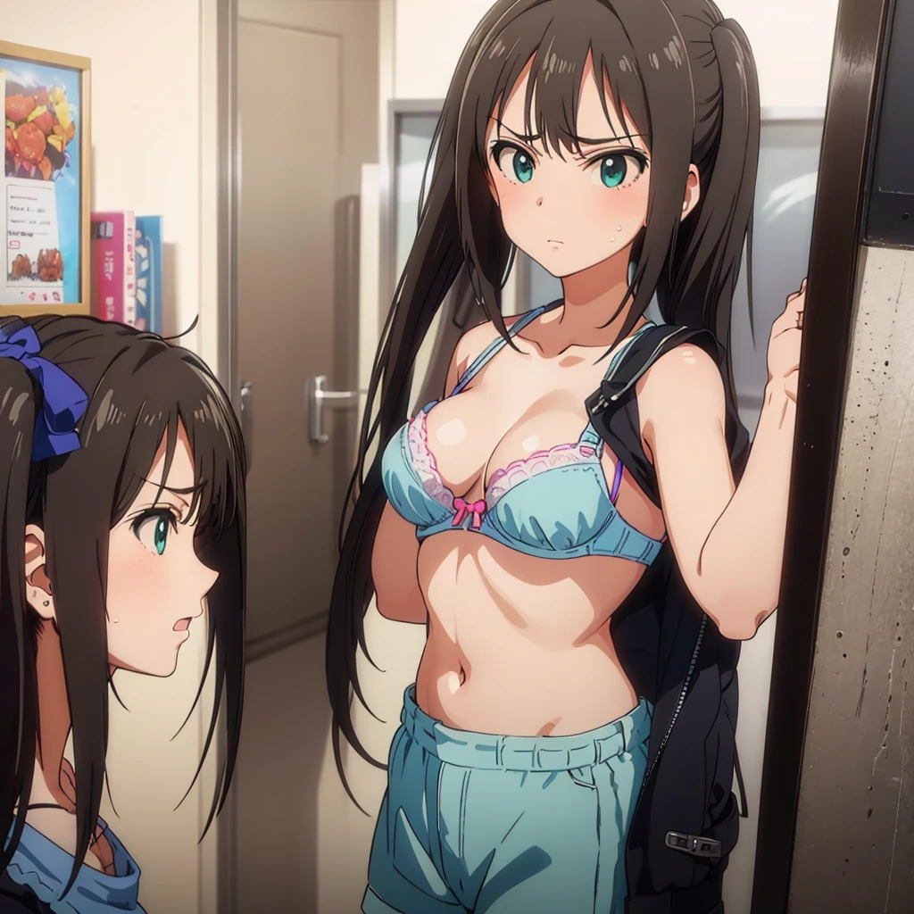 ((Table t○p, highest quality, Hi-Res Lucifer,Anime Screen Capture、perfect pixel, 4k, nffsw, nffsw)))、perfect anatomy,((((Surrounded by muscular men、Men grab my chest、rape))))、 (((huge breasts、fat belly)))、Sweat, (((swollen nipples)))、(((Light blue floral lace bra))),(green eyes)、(((Chubby)))、((medium hair、Putting back hair together))、((brown hair)), ((((blush、embarrassing))))、(wide hips)、((hands behind head、both armpits))、sitting、:o、((Red Rim Glasses))、(locker room)、from the side