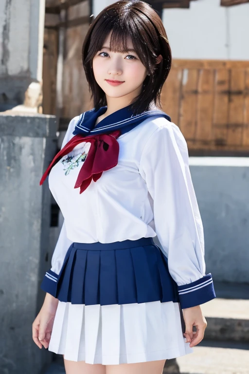 (8k, RAW Photos, highest quality, Tabletop:1.2), (Realistic, Photorealistic:1.37), Super detailed, 1 japanese girl, cute, alone, Beautifully detailed skies, Detailed cafe, night, Sitting, Date, (Red nose), (Light Smile:1.1), Medium chest, Beautiful fine details, (Collared shirt:1.1), bow tie, Pleated skirt, (short hair:1.2), Floating Hair、Black Shirt, masterpiece, anatomically correct, textured skin, high details, best quality, 8k