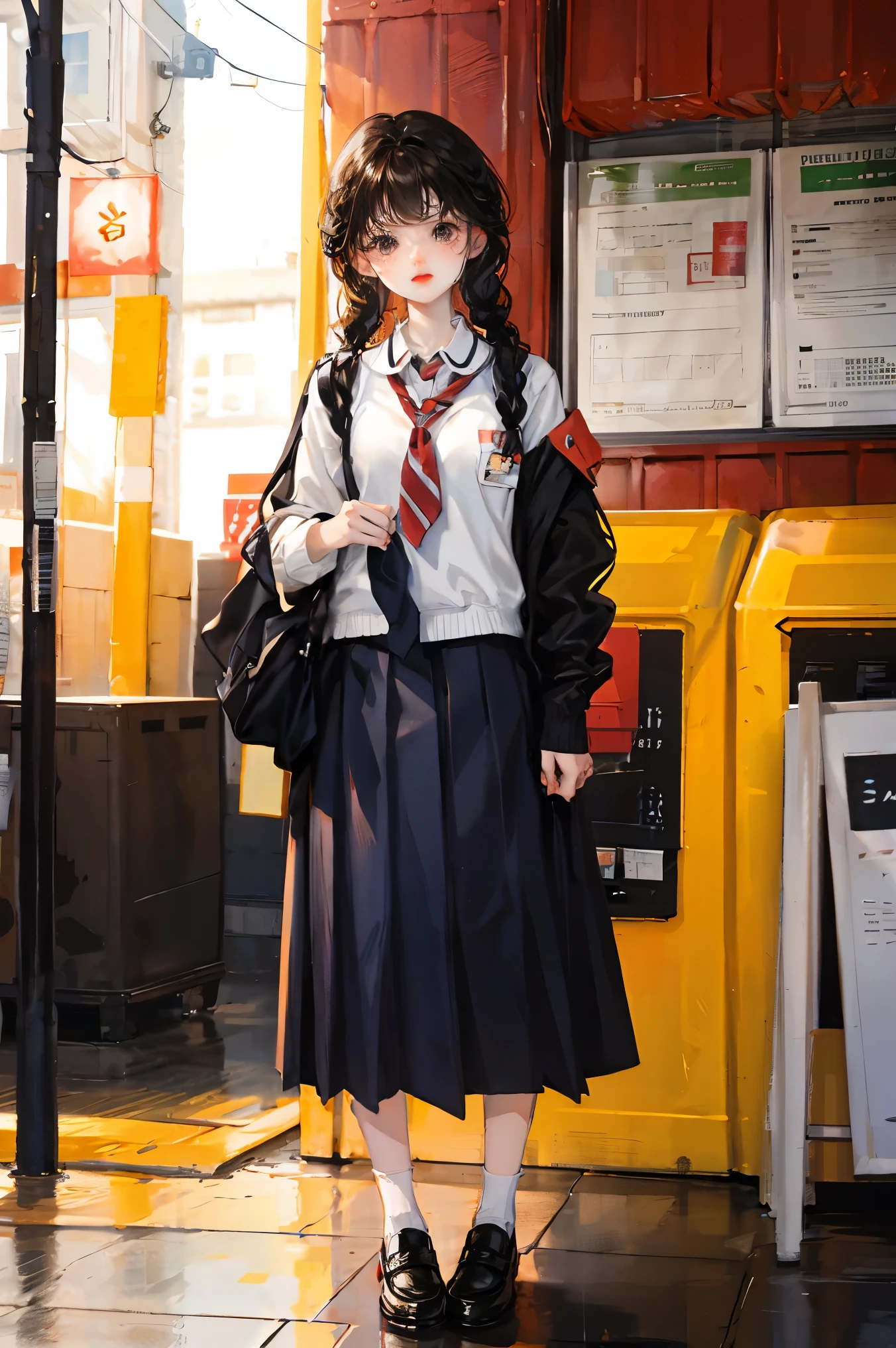 full body, school girl with long hair, braided hair, black hair, black eyes, super small head, cute,