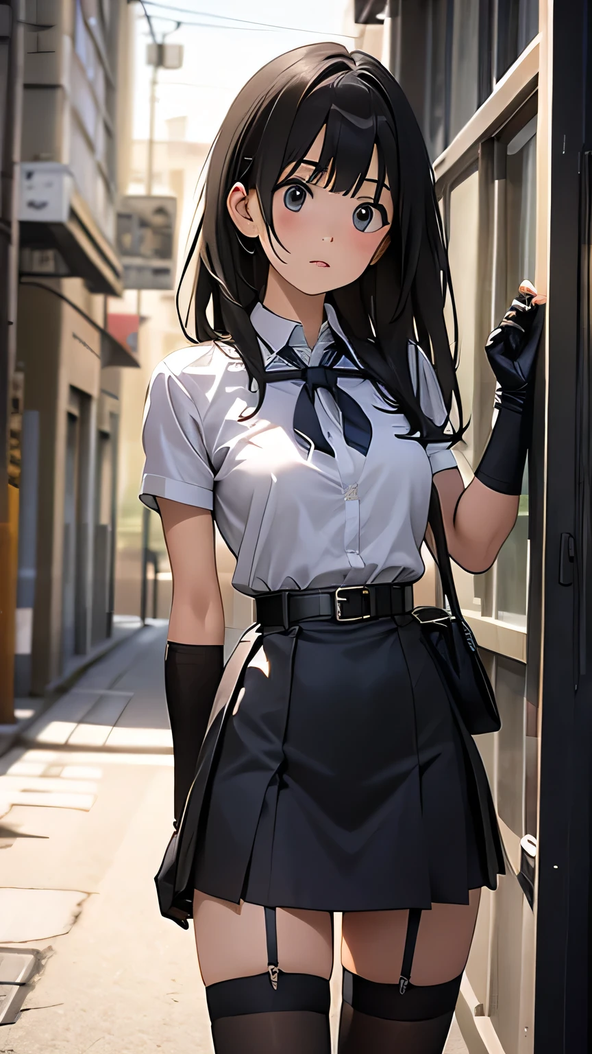 High Quality , Masterpiece, super high definition, ( realism: 1.4), oil painting style , movie lights, , I stood on an empty asphalt road watched it.., 、 Flying Crane Hanging Leather big breasted Small face lying down looks up at the sweat belt buzzer 脇sweat black hole gloves suit miniskirt garterbelt Footlink ズボンのbelt place hs on back restless expression looks up at the restless expression Knee-length Knee-High Socks Knee-length socks garter belt garter Garterbelt on thighs, place hs on back limit hcuffs Cable ties Cable ties on thumbs big boobs