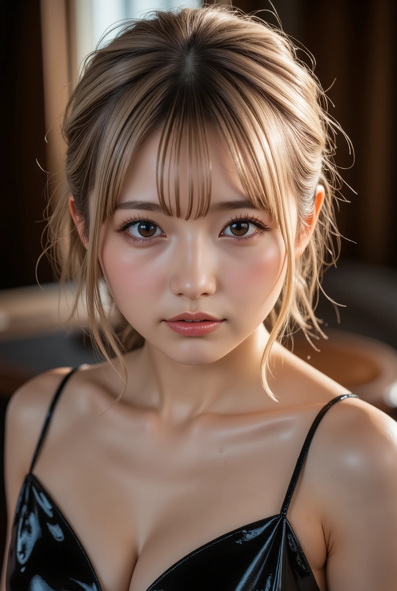 photorealistic Realism 8K, 16K Quality, (ultra absurd quality, extremely detailed detail, hyper resolution, clear sharp focus, not blurry, (Realistic brown_eyes:1.35)), ((perfect dark_eyeshadows:1.45)), (super Detailed, beautiful little nose:1.2), (perfect composition), Depth of field, cinematic light, Lens flare, (extremely beautiful face, beautiful lips , Beautiful eyes), Intricate detail face, best high quality real texture skin:1.3, A woman with velvety skin:1.33), ((best high quality real texture hair)), (short blonde hair, (wavy, combed up, behind the ear), extremely detailed:1.38)), photo of the most beautiful artwork in the world, professional majestic (photography by Steve McCurry), 8k uhd, dslr, soft lighting, high quality, Fujifilm XT3 sharp focus, f 5.6, dramatic, (Anatomically correct perfect proportions), ((perfect hands:1.2)), (Super beautiful face: 1.33), ((perfect female body:1.4)), cute girl, ((firm and full breasts)), (the most absurd quality perfect eyes:1.35), ((super beautiful cute sharp-face)), (light pale complexion), transparent color pvc ((full-body shiny latex, full colors Brightly outfit, holograph tight latex:1.24)), (((close to her face:1.33)))