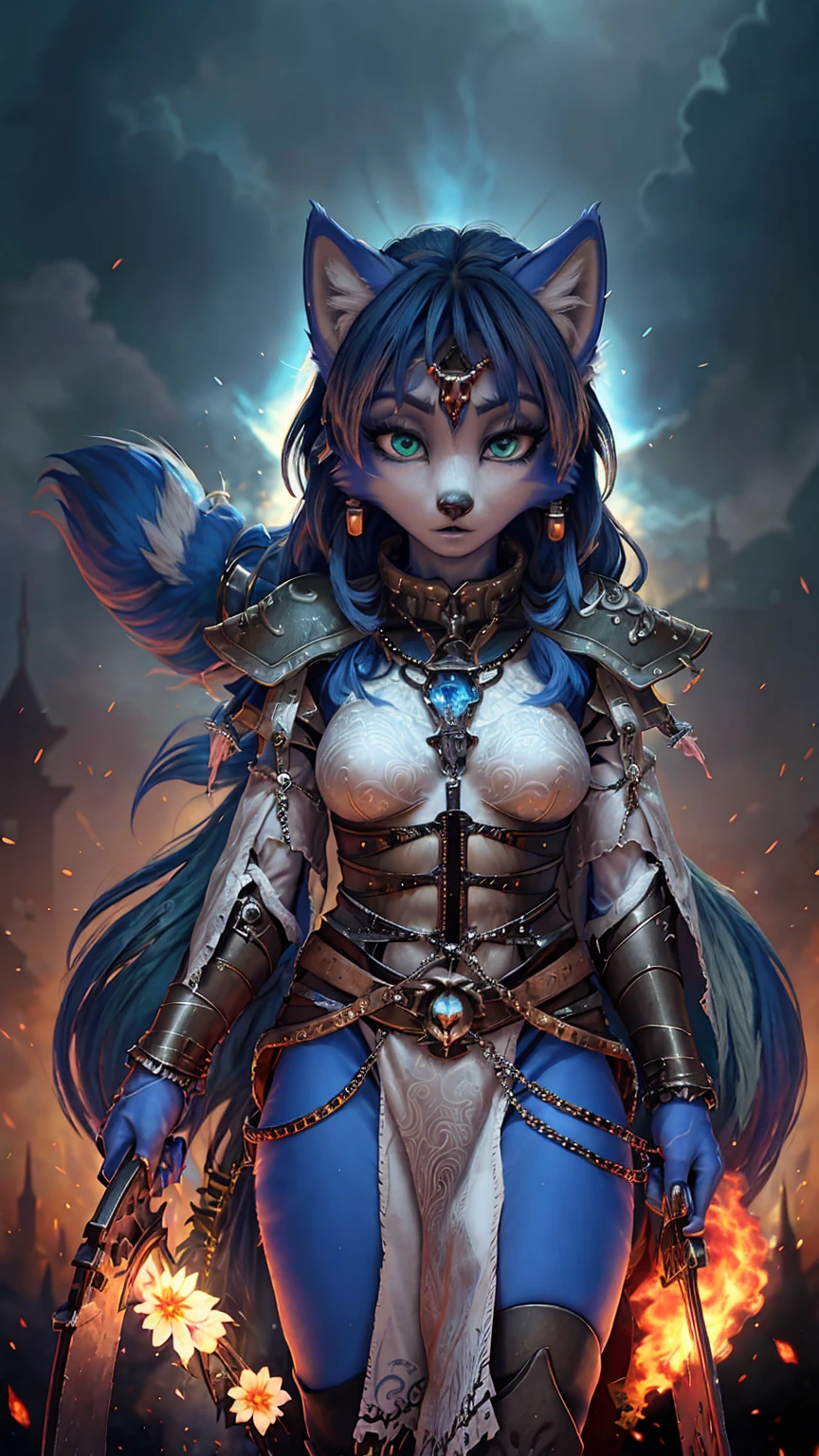 Black chacal girl, black dark fur high definition add_detail:1, black fur,kitsune ears, tribal tattoo add_detail:1,, mechon azul en el cabello,cosmic spacce landscape, pretty girl add_detail:3 18 year old girl, flirty look add_detail:3 ojos detallados pupilas radiantes add_detail, glowing blue eyes, vista de cuerpo completo, garras en sus pies
