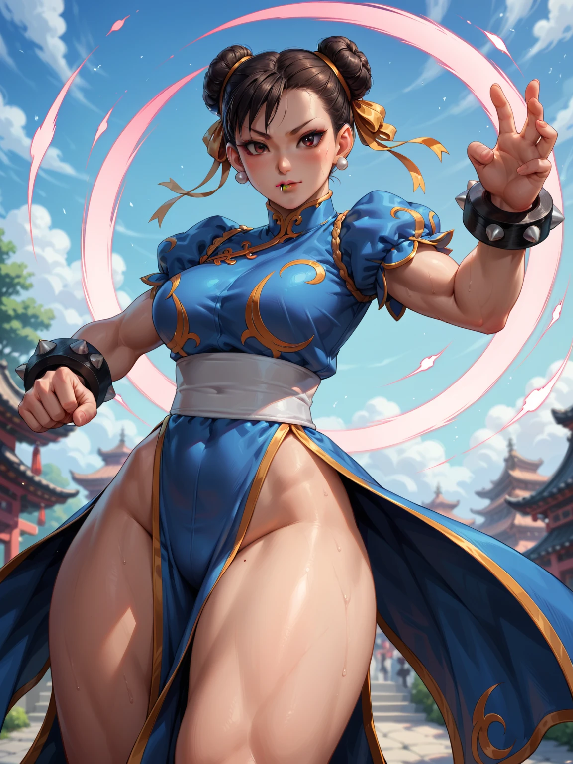 score_9, score_8_up, score_7_up, chun-li, street_fighter, 1girl, chinese costume, puffy sleeves, brown_hair, brown_eyes, looking at viewer, fighting stance, (nsfw:1.5),from below,,breasts out