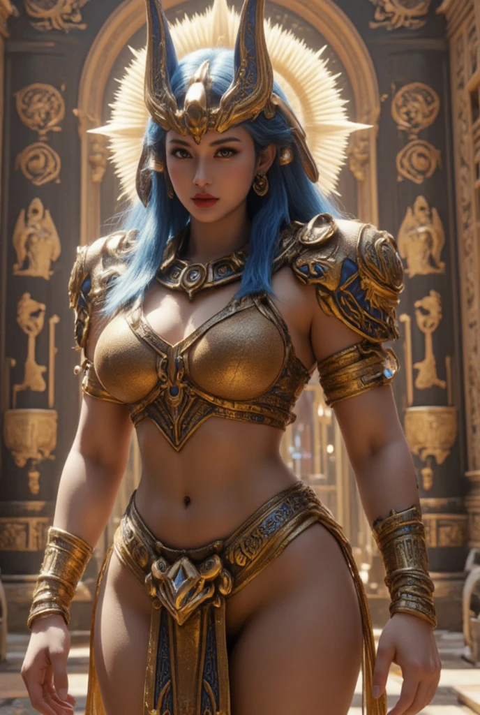 Aztec warrior, straight hair, short hair, muscular, defined, blue hair, bare arms, armor, shoulder pads, blue eyes, firearm, chain, corsets,,big hips, very small swimsuit, golden breasts, large breasts, golden armor, golden flower armor, masterpiece, high definition, high quality, many details, good figure, bare legs, beautiful legs, perfect hands, golden axe, golden chain, golden necklace,  golden jewelry, delicate, fine detail, young woman, big breasts, best quality, 4K, accurate --auto --s2