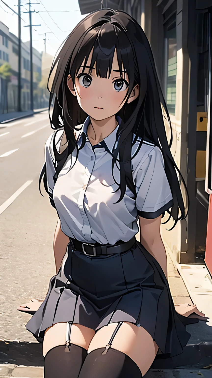 High Quality , Masterpiece, super high definition, ( realism: 1.4), oil painting style , movie lights, , I stood on an empty asphalt road watched it.., 、 Flying Crane Hanging Leather big breasted Small face lying down looks up at the sweat belt buzzer 脇sweat black hole gloves suit miniskirt garterbelt Footlink ズボンのbelt place hs on back restless expression looks up at the restless expression Knee-length Knee-High Socks Knee-length socks garter belt garter Garterbelt on thighs, place hs on back limit hcuffs Cable ties Cable ties on thumbs big boobs