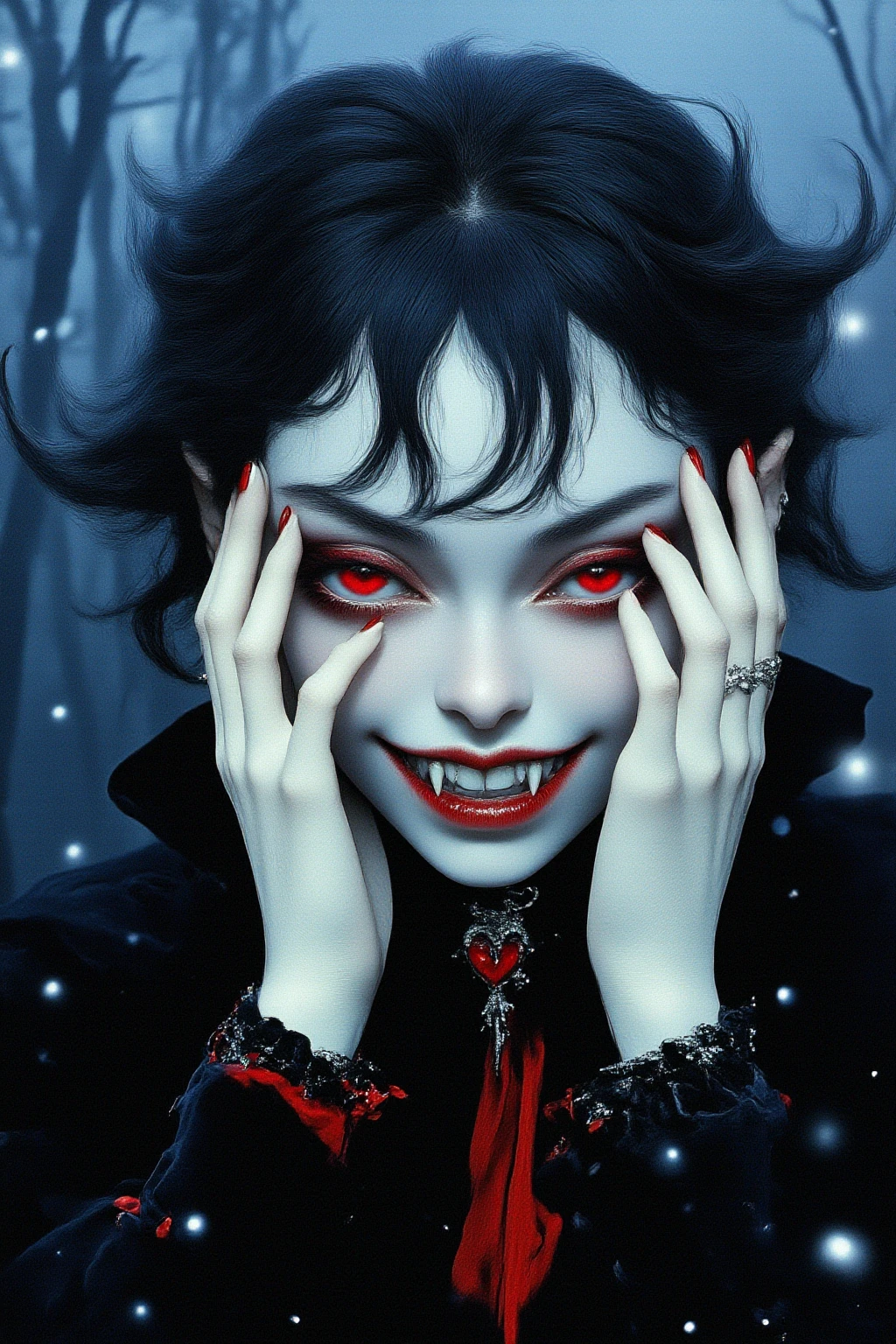 A beautiful vampire lady is glaring at the viewer, Stroking her cheek with right hand with Red pointed nails, upper body, finely detailed beautiful eyes, stunning German lady, slightly wavy long hair, fluttering jet black hair, parted bangs, pointy ears, triumphant grin with showing her fangs, slightly glowing red eyes, Porcelain-white skin, earrings, black choker and red heart necklace, vampire fangs, black long Halter neck dress with cloak, pale glowing aura, sharp focus, cinematic lighting, photo realistic, in a deep forest where moonlight shines through, winter night, snow falling, bokeh effect, Falling snow in the foreground