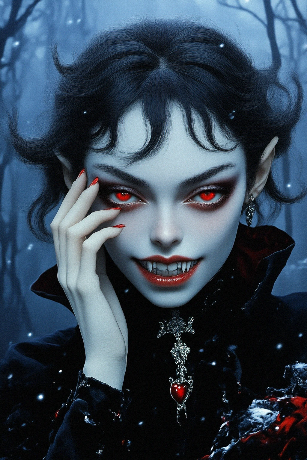 A beautiful vampire lady is glaring at the viewer, Stroking her cheek with right hand with Red pointed nails, upper body, finely detailed beautiful eyes, stunning German lady, slightly wavy long hair, fluttering jet black hair, parted bangs, pointy ears, triumphant grin with showing her fangs, slightly glowing red eyes, Porcelain-white skin, earrings, black choker and red heart necklace, vampire fangs, black long Halter neck dress with cloak, pale glowing aura, sharp focus, cinematic lighting, photo realistic, in a deep forest where moonlight shines through, winter night, snow falling, bokeh effect, Falling snow in the foreground