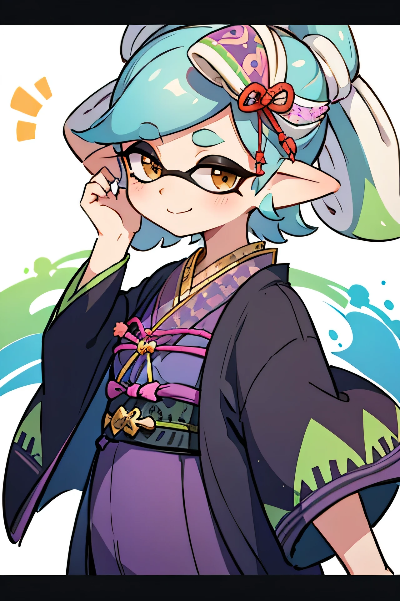 inkling hair , best quality , masterpiece, one girl with no background, smiles, closeup , kimono、