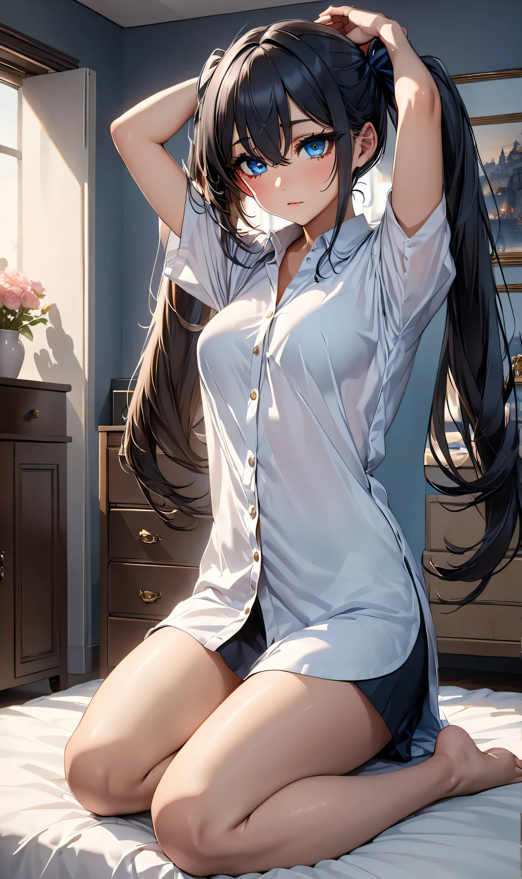 (highest resolution, distinct_image) The best quality, a woman, masterpiece, highly detailed, semi realistic, 21 years old, cute, young, beautiful, naked oversized t-shirt, shirt tug, collar on neck, indoors, modern bedroom, window, waking up, morning, blushing