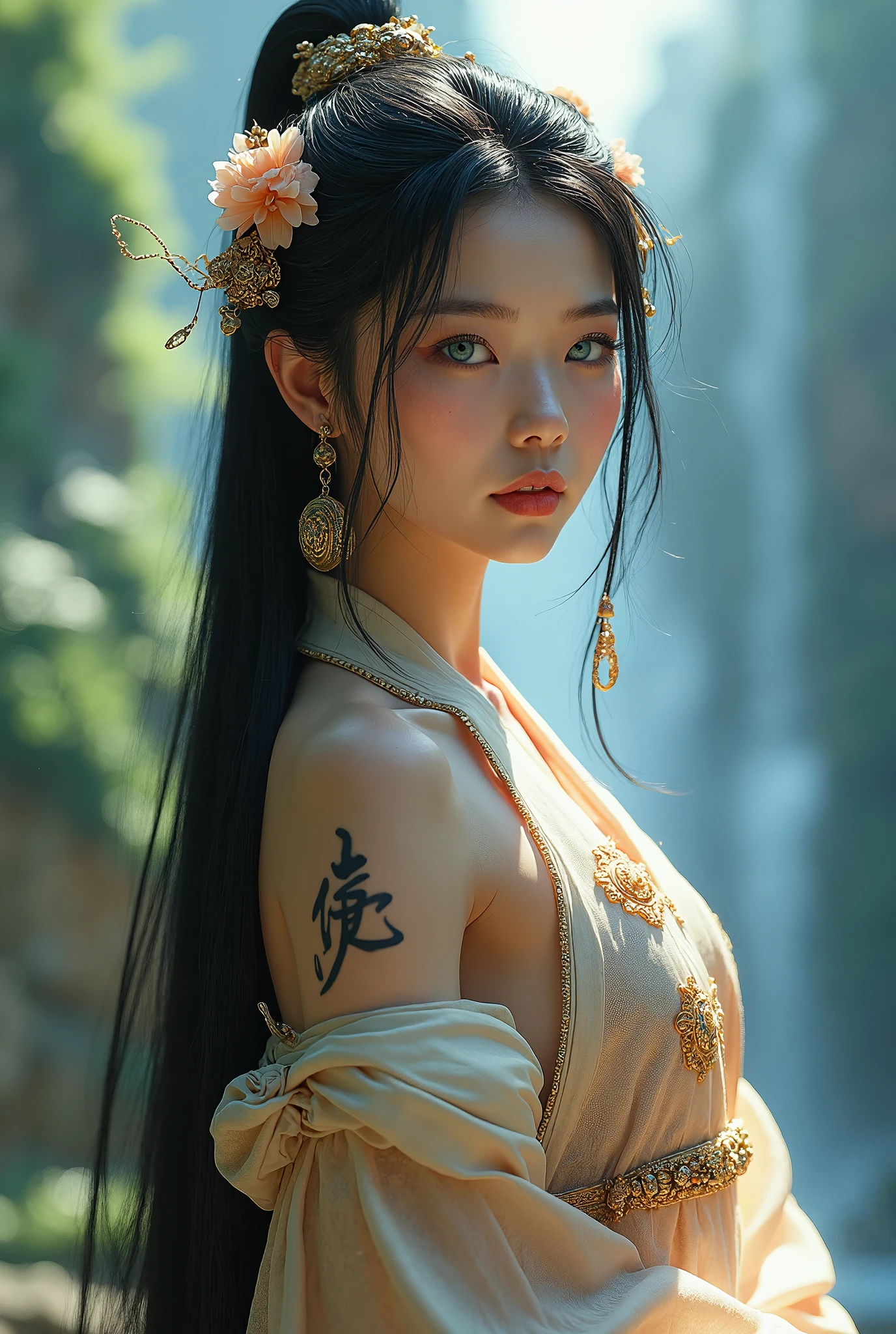 3girls, masterpiece, Best Quality, Illustration, Ultra-detailed, finely detail, hight resolution, 8K Wallpaper, Perfect dynamic composition, Beautiful detailed eyes , Sexy face,Face feeling ecstasy,Face at the peak of sexual arousal, looking at viewer, ((ancient chinese outdoor background)), in the style of Mark Demsteader, silver metal body armour, huge breast, dark long hair, perfect slim body, abs, hair ornament, sharp ears