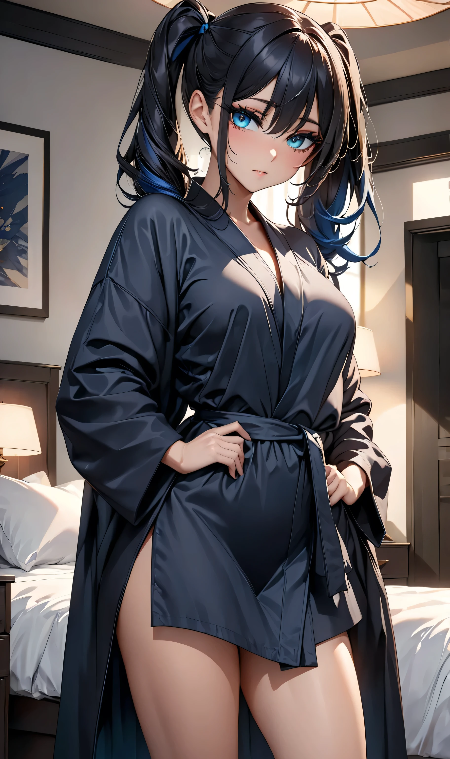 Full body, ((Random elegant pose)), (perfect anatomy), Mastepiece、Ultra High Quality、 8k、masterpiece、Best Quality、Ultra-high resolution、Maximum resolution、Very detailed、Professional Lighting、anime、woman, so beautiful、(((Highly detailed eyes)))、(((Very beautiful eyes)))、Highly detailed face、Black Hair, ((Blue eyes)), Ponytails 、Black bathRobe, Hands behind a head , bedroom,