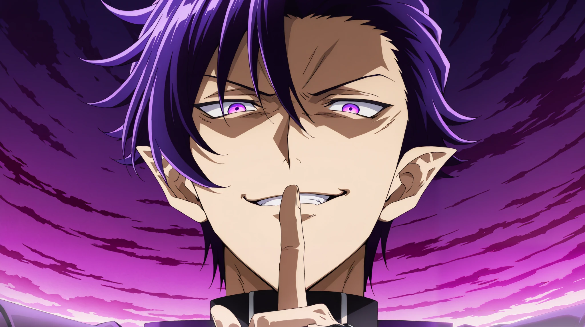  anime, shushing, KalegoWDIpurple_Kalego_hair, purple_Kalego_eyes, 1boy, male focus, anime screencap, giant, finger on lip, smirk, hands with five fingers, looking down at viewer, from below 