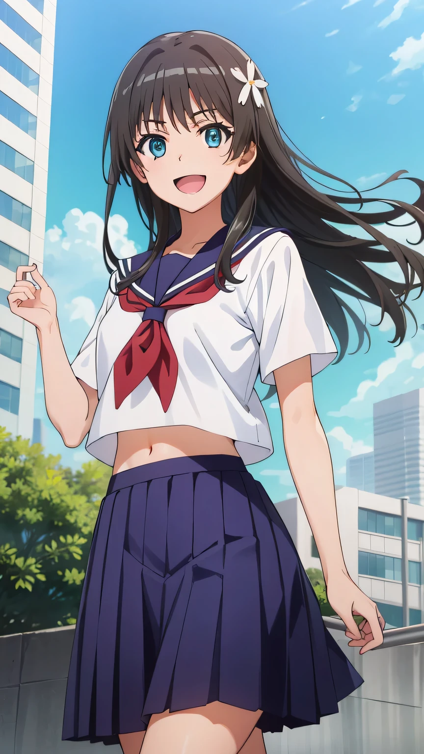 {{{masterpiece}}}, (best quality:1.5), (ultra-detailed:1.5), {illustration}, {{an extremely delicate and beautiful}}, (beautiful detailed eyes:1.6), absurdres, highres, extremely detailed face, 16k, hd, visual anime de uma jovem mulher, extremamente bonito rosto de anime, anime melhor garota, (perfect hands, perfect anatomy), anime face, ruiko saten(Toaru Kagaku no Railgun), 1girl, solo, cute face, black hair, long hair, straight hair, bangs, hair ornament, flower ornament, blue eyes, slender, medium breasts, big hips, curvaceous, BREAK, {school uniform}, {sakugawa school uniform}, serafuku, summer uniform, white shirt, short sleeves, blue sailor collar, red neckerchief, navel, (blue skirt:1.2), pleated skirt, long skirt, white short socks, brown loafers, BREAK, open mouth, smiling, flushed cheeks, walking, looking at viewer, outdoor, city, building, sky, daytime, cowboy shot