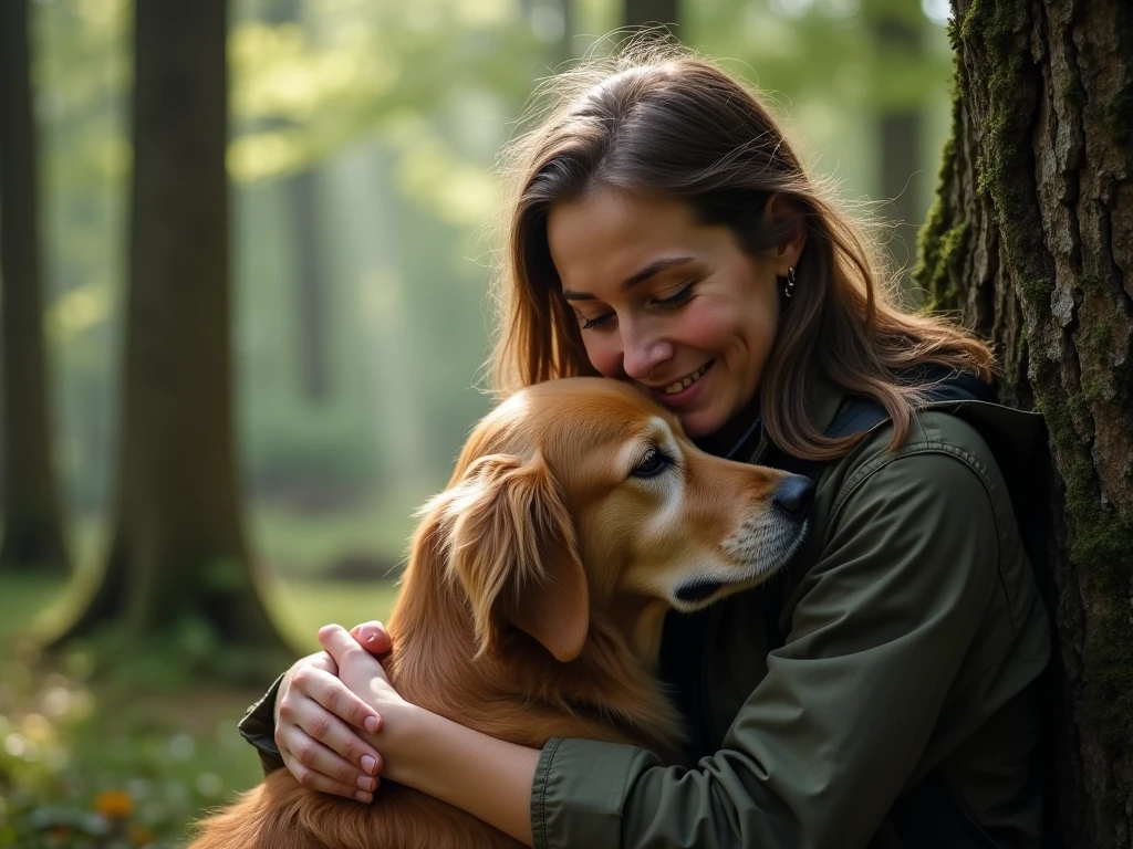 A brown-haired woman combing a Yorkshire dog