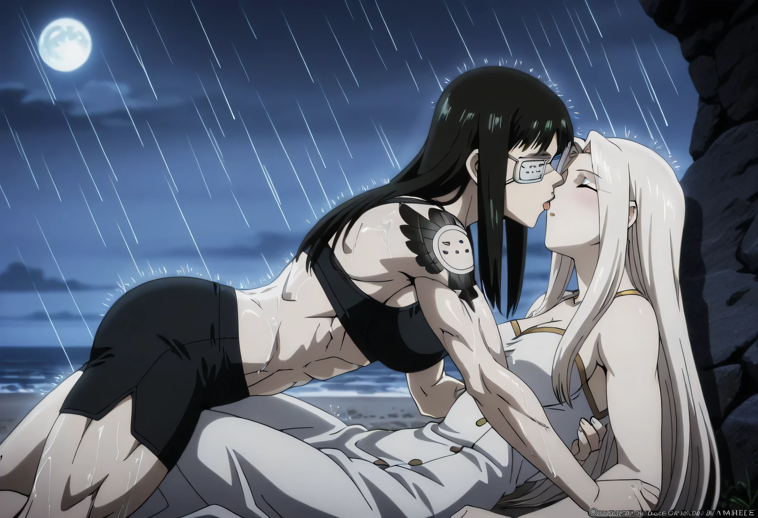 2girl,solo,mm,mature female,black hair,eyepatch,brown eyes,medium breasts,anime coloring,long hair,
muscular,black sport bra and black sport shorts,cowboy shot,beach, tattoo, 
,masterpiece,best quality,amazing quality,having a penis,Valmet enjoy kissing,muscles detailed,muscles lines,pelvis muscles,Shining muscles,, , white hair long hair irisviel with valmet ,,lesbians,yuri,romantic yuri,irisviel love,irisviel soft body,irisviel closed eyes,irisviel plush face,bodys stuck together,Valmet hands on irisviel,irisviel with beautiful Curves,irisviel hands around Valmet back,irisviel not having any muscles irisviel kissing Valmet  wets bodys,dynamic sex,,in night,moon,shadows on character's body,irisviel wearing white dress sleeveless,wets,raining,irisviel laying her back on ground,Valmet above irisviel,irisviel open legs,Valmet  her body laying top on Irisviel,sleeping kissing,girl and valmet kissing deep,girl open legs to Valmet waist,irisviel body small than valmet body,difference body sizes,Valmet taller than irisviel,tongue appear at kissing,Valmet ×irisviel,dialogue in pictures 