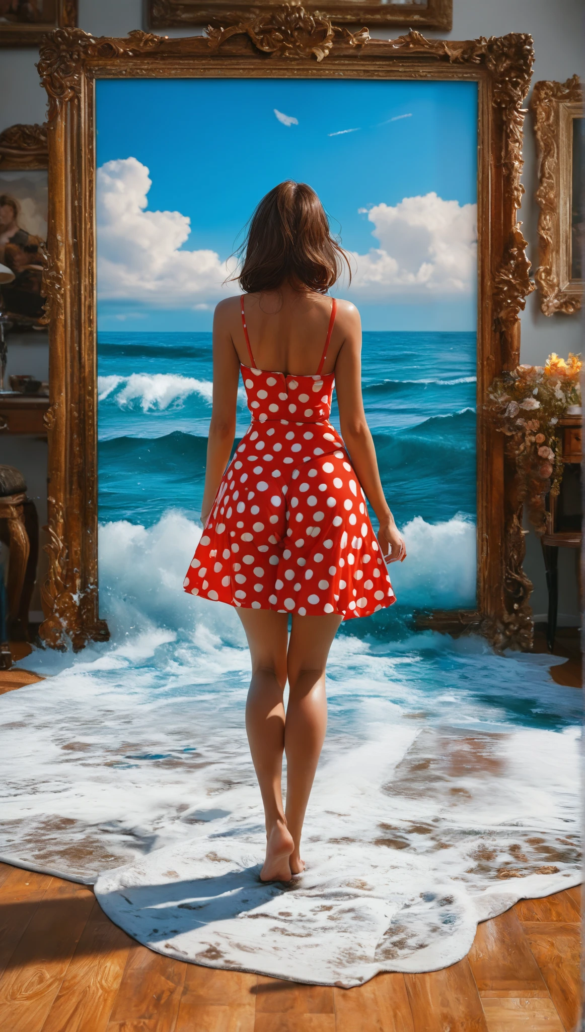 ultra realism , photo realism , in the middle of the room there is a huge canvas on the floor, it depicts the sea and a girl in red and white polka dots micro bikini, a wave from the canvas overflows into the room, the girl takes a step into the canvas from the room, wide hips macromastia ,qhd ultra detailed 8k