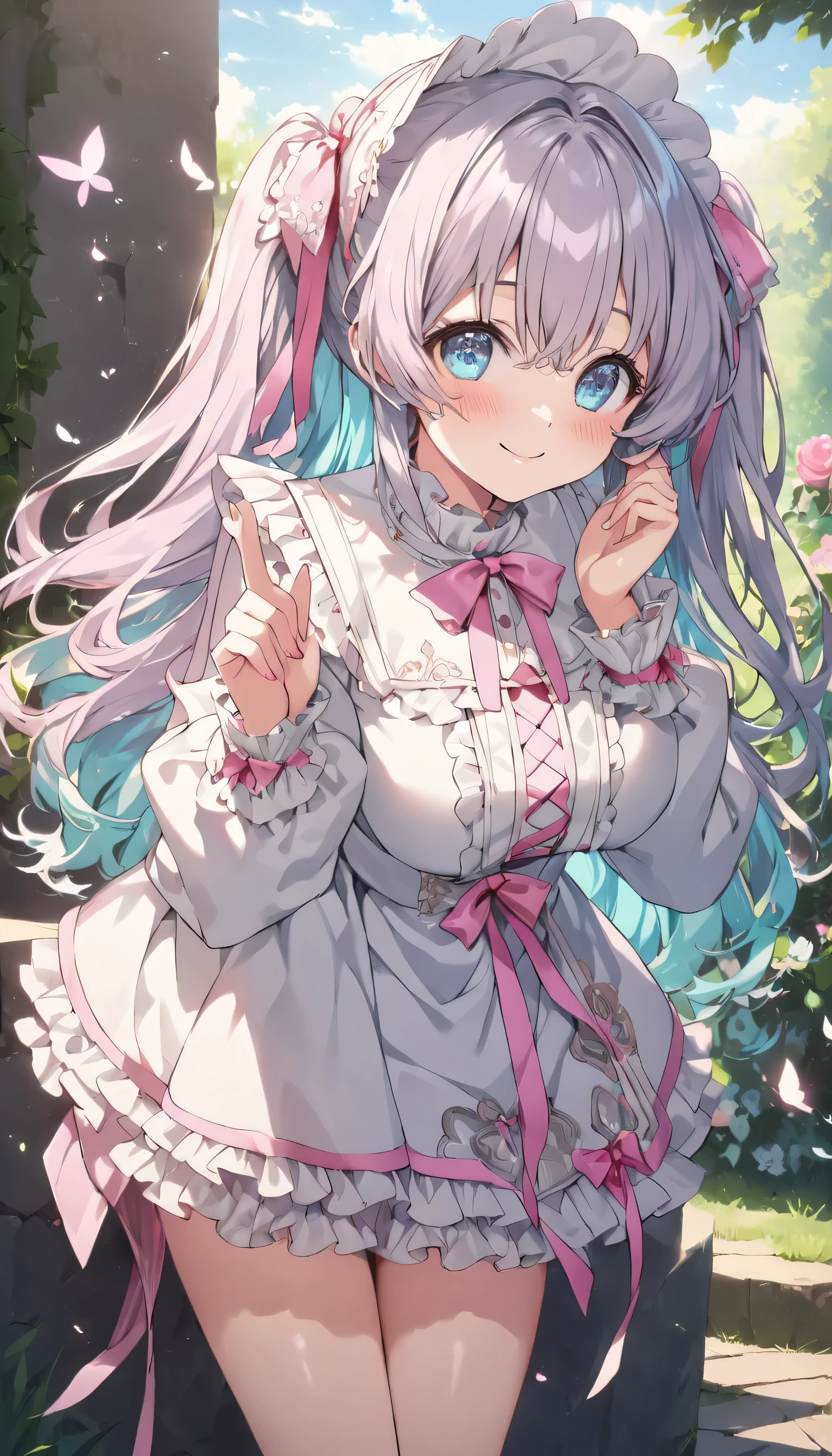 ((ultra-detailed)), (highly detailed CG illustration), (best quality:1.2), ultra-highly detailed, colorful composition, artistic photoshoot, 1girl, solo focus, ((thigh to top:1.4)), ((cowboy shot:1.4)), moe anime character, girl, dainty facial structure, (bab(round face), ((rounded chin:1.2)), ((ideal ratio body proportions)), celia-default, celia claire, (blue eyes), sparkle eyes, pale pink hair color, two side up, (light blue hair ribbon), ample breasts, ((some kind of pale pink and white:1.4) aesthetic cottage-core Renaissance (long:1.3) dress with (lots of layered frills:1.2) and ribbons:1.2), a volumey pannier under a rococo style pale pink (long:1.4) jumper skirt decorated with pink ribbon, pastel colors, white lace, frilled white puff short-sleeve (closed collar long-sleeved white blouse with frilled and pale pink ribbon:1.2), frill, (lace ruffle socks:1.2), bonnet, bows, heart-shaped accessories, platform shoes petals glowing and fluttering, best quality, masterpiece, standing by the victorian garden with flowers, beautiful detailed sky, dynamic pose, from front, expecting, pink cheek, blush, light pink gloss slip, portrait, depth of field, soft lighting, sidelighting, (shine), lighting, caustics, ray tracing, smile, perfect face, lustrous skin, highly detailed face, highly detailed eyes, perfect face, perfect nose, perfect hair, perfect eyes, perfect anatomy, beautiful hair, beautiful small face, extremely detailed face, beautiful detailed eyes, beautiful clavicle, beautiful body, beautiful huge breasts, leavage, breasts squeezed together, equalize the size of the left and right breasts, beautiful thin thighs, beautiful legs, beautiful fingers, 4 fingers, 1 thumb, lovely, (very detailed background:1.0), (highly detailed background:1.0), spring aesthetic, intricate details, joyful atmosphere, spring colors palette, chromatic aberration