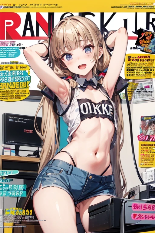 create,Two dimensions,Olympic,girl,standings,one person,Main character,Banzai,wear a gold medal around your neck,Standing picture,Completely naked,The light blue skirt is rolled up with both hands,topless,tits,yellow hair,short twin tails,Smile cute and cool,Man juice transparent drips and collects,bottom view,beautiful