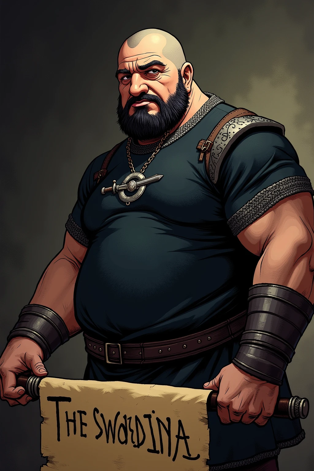 Fat Barbarian, barba preta grande, espada, gordura, cinquenta anos, cicatrizes.
