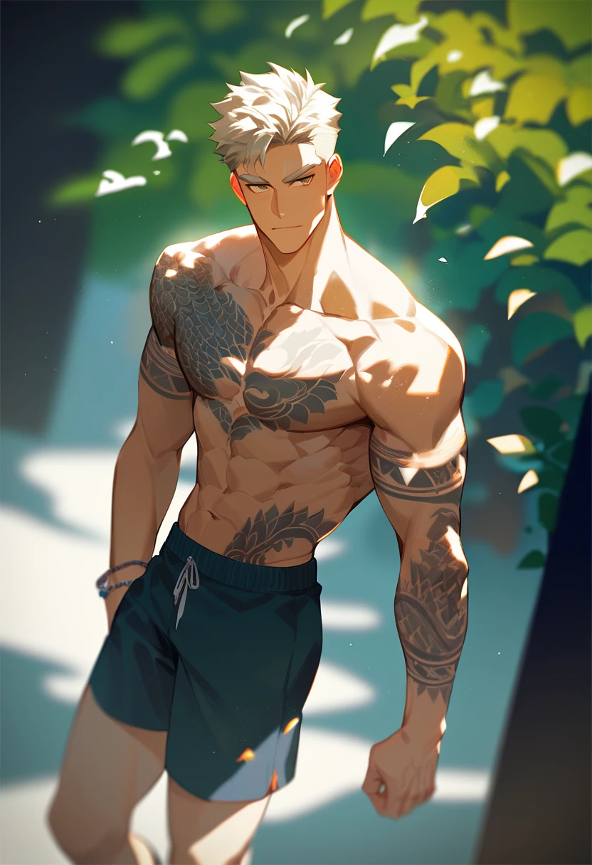 1 boy, tall and strong, perfect male figure, eyes looking at camera, tanned skin, short hair, shirtless, cool tattoos, bracers, serious expression, sports student, ray tracing, glowing eyes, best quality, 4k, 8k, highres, masterpiece:1.2, ultra-detailed, realistic, photorealistic, photo-realistic:1.37, HDR, UHD, studio lighting, ultra-fine painting, sharp focus, physically-based rendering, extreme detail description, professional, vivid colors, bokeh
