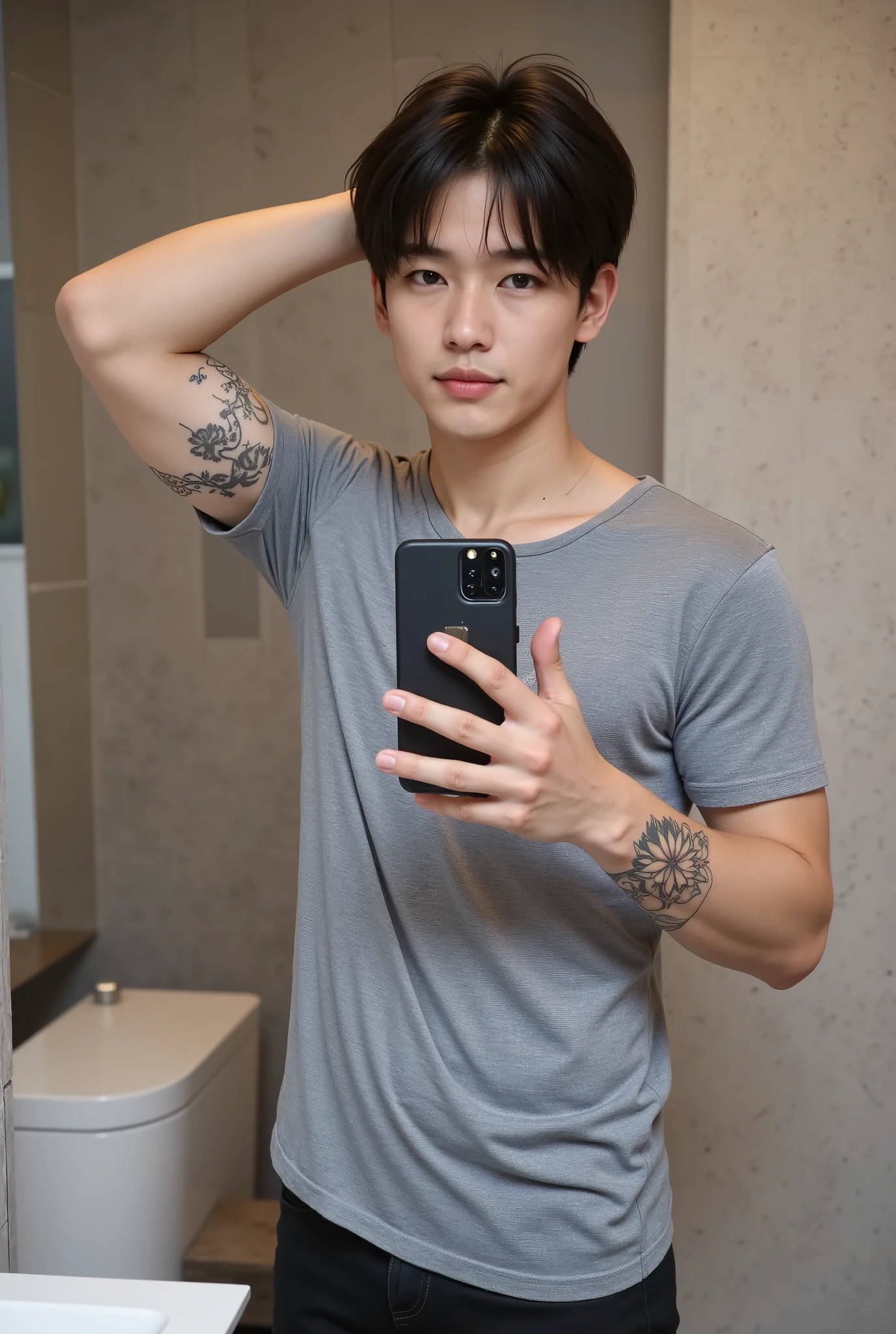 A highly detailed and realistic selfie of a young man standing in a modern bathroom. The man has a lean, muscular build and is wearing a fitted gray t-shirt that emphasizes his toned arms and chest. His pose is confident, with one arm raised behind his head, showing off tattoos on his bicep and forearm, including intricate floral designs. The other hand is holding a black smartphone, positioned naturally for a selfie. His face is slightly tilted, with sharp jawlines and defined cheekbones, and his expression is relaxed and slightly serious. His black, wavy hair is slightly messy, adding to the casual look. The bathroom background features neutral-colored tiles with a textured, rustic appearance, a white sink visible in the lower portion of the frame, and soft, natural lighting that highlights the subject’s features. The overall mood is casual and stylish, capturing a modern, self-assured individual.
