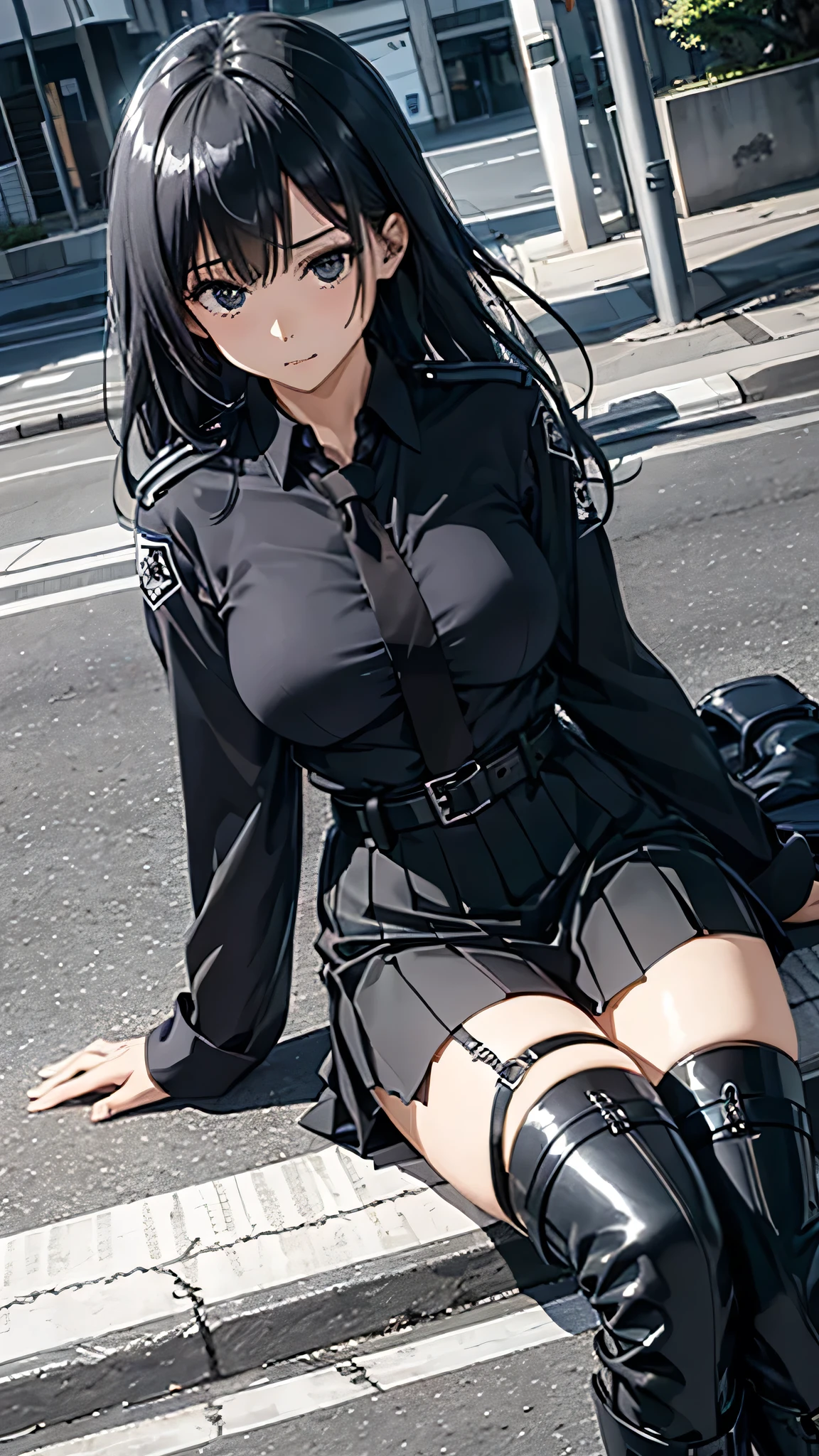 be pushed down bythepolice handcuffed getting caught bythe police japanesewoman suspender leg holster beautifulwoman perspiration boots blouse ruins wh ite c lothes blackmask black skirt gaterbelt city lyingarmpit sweat rathersuit