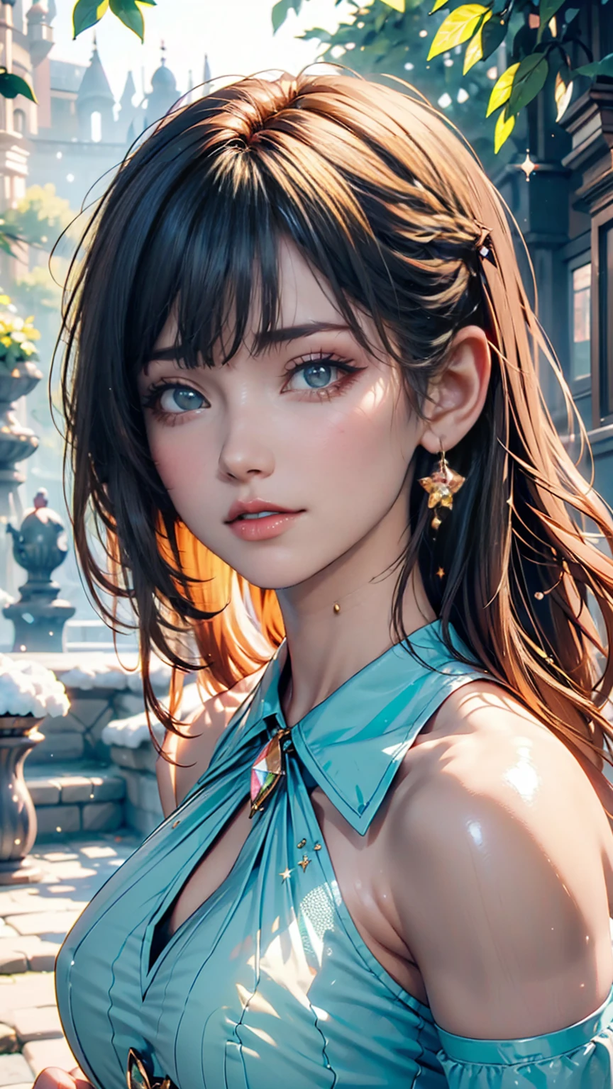 Light blue hair, Turquoise Eyes, Long eyelashes, Big Red Lips, Apricot-colored eyes, beauty, Like, Curly Hair, Princess