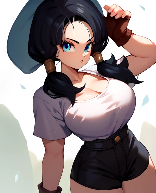 Waifu, masterpiece, curvy, breasts, moon, full moon, gloves, 1girl, clenched teeth, videl, cleavage, large breasts, teeth, ((straight black hair)), ((white top:1.3)), blue eyes, rating:explicit,rule34, hardcore, ,clenched hands, night, sky, ((side bangs:1.4)), (white skin:1.5), bare shoulders, blue hair, clenched hand, rating:questionable, ((low twintails:1.5)), ((black tight shorts)), solo, angry, lip biting(gigantic and massive tits:1.1), breasts, official illustration, illustration, detailed face, beautiful intricate eyes,1:2), titsnipples