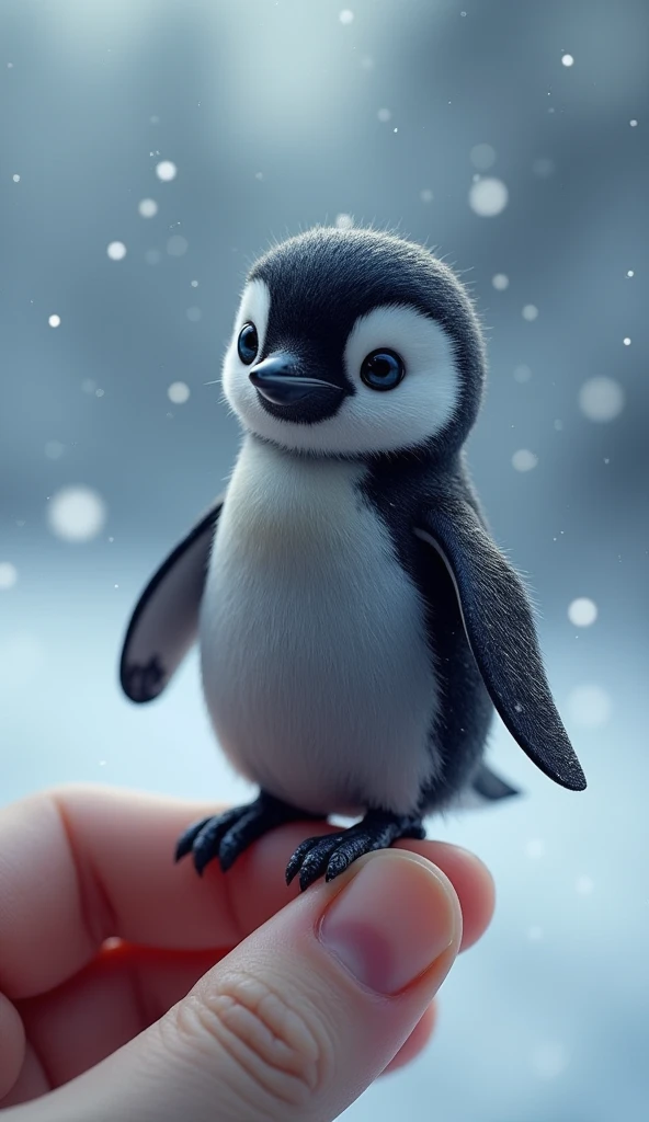 Photorealistic, 32k, Micro Tiny baby [penguin] perched on a human finger