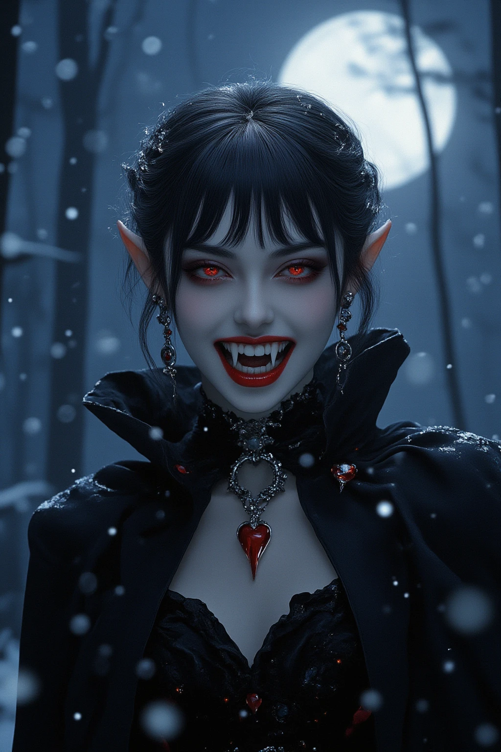 A beautiful vampire lady is glaring at the viewer, upper body. finely detailed beautiful eyes, stunning German lady, jet black hair, pointy ears, triumphant grin with showing her fangs, slightly glowing red eyes, Porcelain-white skin, pointed red nails, earrings, black choker and red heart necklace, vampire fangs, black long Halter neck dress with cloak, pale glowing aura, sharp focus, cinematic lighting, photo realistic, in a deep forest where moonlight shines through, winter night, snow falling, bokeh effect, Falling heavy snow in the foreground