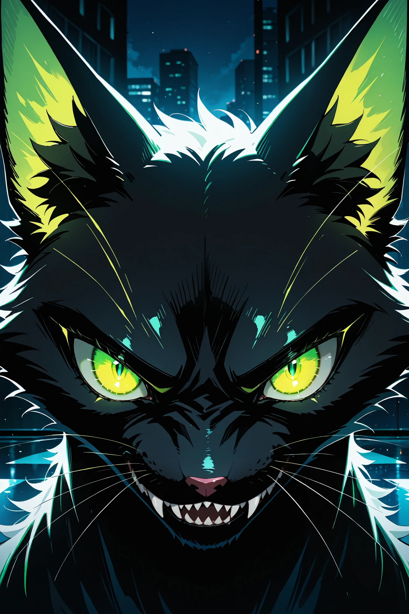 no humans, black cat, glowing green eyes, looking at viewer, dangerous, dark night, shiny, reflection, sharp teeth, dark, masterpiece, best quality, very aesthetic, very awa, newest