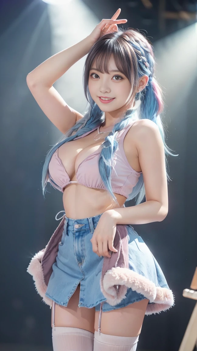 streaked hair, blonde hair, silver hair, light blue hair, pink hair, braided ponytail, hair between eyes, very long hair, absurdly long hair, aqua eyes, multicolored eyes, long pointy ears, shy, blush, licking lips, jitome, fang out, excited, great smile, Surrealism, anime, depth of field, cinematic lighting, UHD, masterpiece, anatomically correct, super detail, high quality, HD, ((sitting flatly on her center with wide bent knees, looking up with raising chin, from directly above)), (perfect beautiful cleavage, taut breasts), dark skins, tan, (toned abs, very narrow waist), wariza, drooling, open legs, gap of knees, cropped tops, off shoulder, denim very short pants, broken pants, very hot denim, thong, G-strings, 
