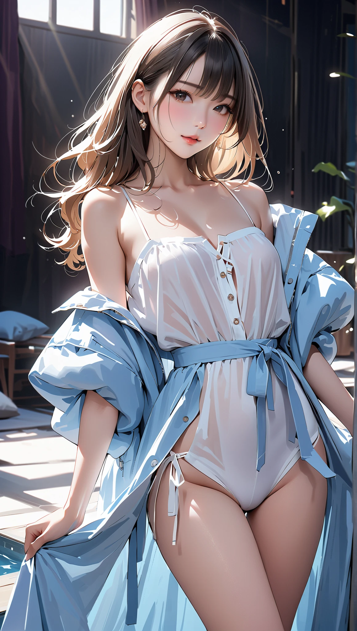 Schoolgirl, Brown Hair, Ponytail, Medium Hair, Sailor Suit (Nude:1.4), Black Tights (See-Through Lingerie: 1.3), (Blushing:1.0), Challenging Expression, Love Hotel