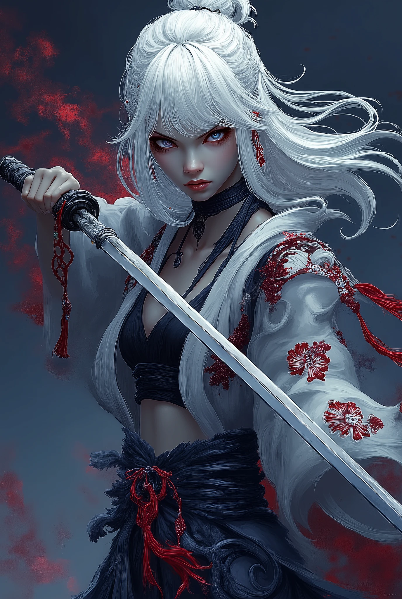 A young woman, light skin, with shoulder-length, pale-white hair, is depicted holding a katana. She is positioned slightly off-center to the left of the image. She is facing directly at the viewer. Her expression is serious and intense, conveying a sense of determination. She wears a loose, flowing, patterned kimono, with red and white floral designs, over a black short top. Red accents and ties are visible on the kimono and waist. A choker necklace is also visible. The woman's body type is slender and athletic, and her posture suggests readiness for action. The environment is a stylized, dark, and vibrant setting, with hints of neon colors and red-hued smoke or fire effects behind and around her. The style is anime-inspired, with a highly detailed and intricate visual quality. The lighting is dramatic and focused on the woman, highlighting the details of her features and clothing. The composition is dynamic and draws the viewer's attention to the woman and her actions. The background is blurry and slightly out of focus. A katana blade is prominently featured, extending across the image. The overall atmosphere is powerful and heroic.
