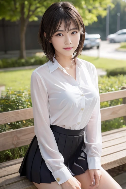 ((of the highest quality, 8K, masutepiece: 1.3, Raw photo)), Sharp Focus: 1.2, (1 AESPA Girl :1.1), Solo, (Realistic, Photorealistic: 1.37), (Face Focus: 1.1), Cute face, hyperdetailed face, (short messy hair: 1.2), Small Smile, Small breasts, flat chest, nude, (taking off her chiffon button down black shirt and skirt, chiffon panties: 1.3), Thigh, Picturesque lakeside cottage surrounded by nature, flower, Cattleya