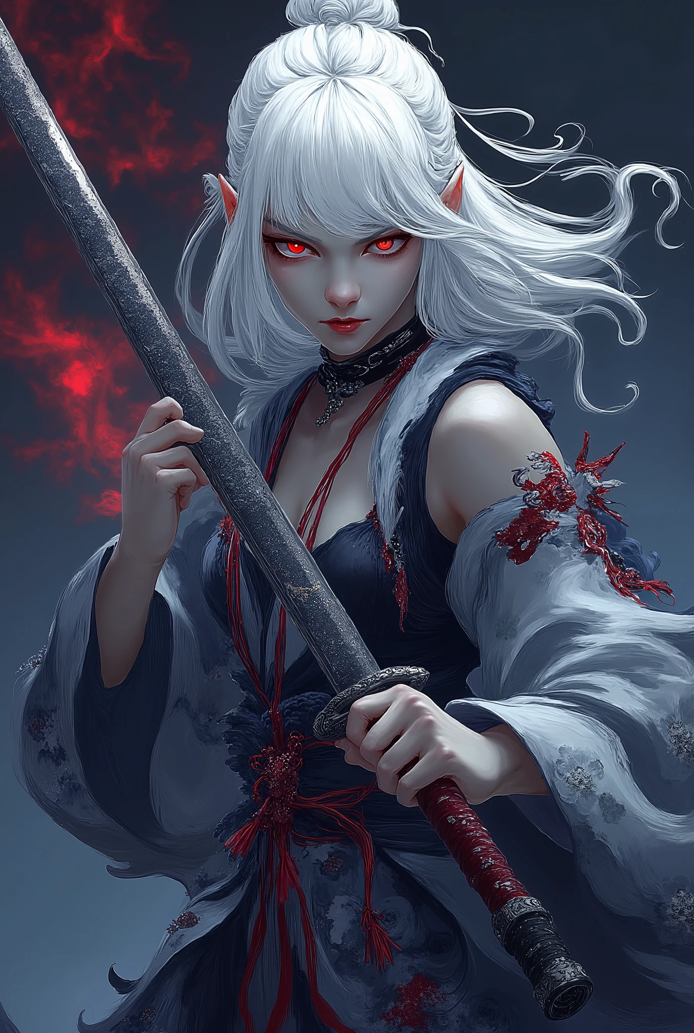 A young woman, light skin, with shoulder-length, pale-white hair, is depicted holding a katana. She is positioned slightly off-center to the left of the image. She is facing directly at the viewer. Her expression is serious and intense, conveying a sense of determination. She wears a loose, flowing, patterned kimono, with red and white floral designs, over a black short top. Red accents and ties are visible on the kimono and waist. A choker necklace is also visible. The woman's body type is slender and athletic, and her posture suggests readiness for action. The environment is a stylized, dark, and vibrant setting, with hints of neon colors and red-hued smoke or fire effects behind and around her. The style is anime-inspired, with a highly detailed and intricate visual quality. The lighting is dramatic and focused on the woman, highlighting the details of her features and clothing. The composition is dynamic and draws the viewer's attention to the woman and her actions. The background is blurry and slightly out of focus. A katana blade is prominently featured, extending across the image. The overall atmosphere is powerful and heroic.