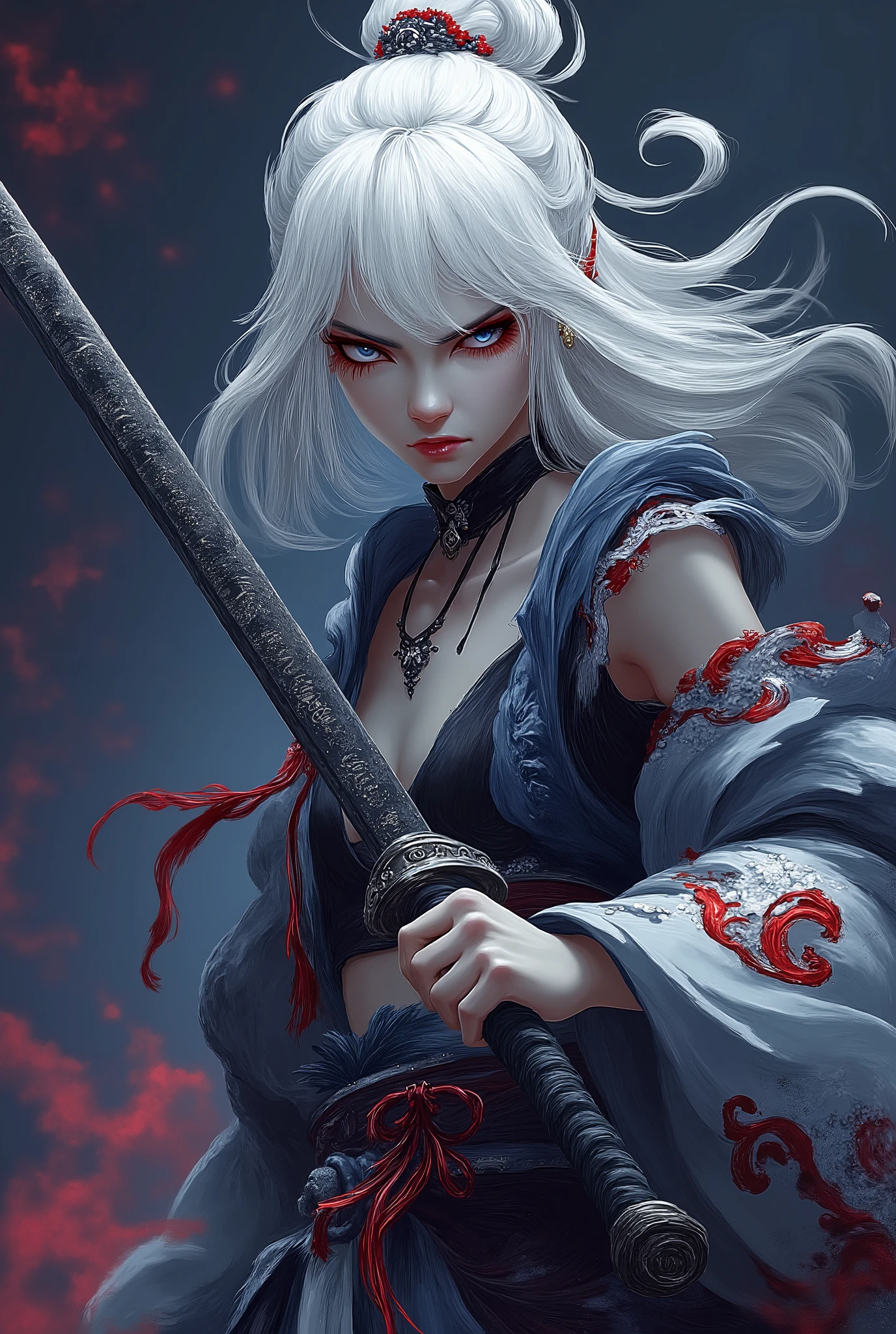 A young woman, light skin, with shoulder-length, pale-white hair, is depicted holding a katana. She is positioned slightly off-center to the left of the image. She is facing directly at the viewer. Her expression is serious and intense, conveying a sense of determination. She wears a loose, flowing, patterned kimono, with red and white floral designs, over a black short top. Red accents and ties are visible on the kimono and waist. A choker necklace is also visible. The woman's body type is slender and athletic, and her posture suggests readiness for action. The environment is a stylized, dark, and vibrant setting, with hints of neon colors and red-hued smoke or fire effects behind and around her. The style is anime-inspired, with a highly detailed and intricate visual quality. The lighting is dramatic and focused on the woman, highlighting the details of her features and clothing. The composition is dynamic and draws the viewer's attention to the woman and her actions. The background is blurry and slightly out of focus. A katana blade is prominently featured, extending across the image. The overall atmosphere is powerful and heroic.