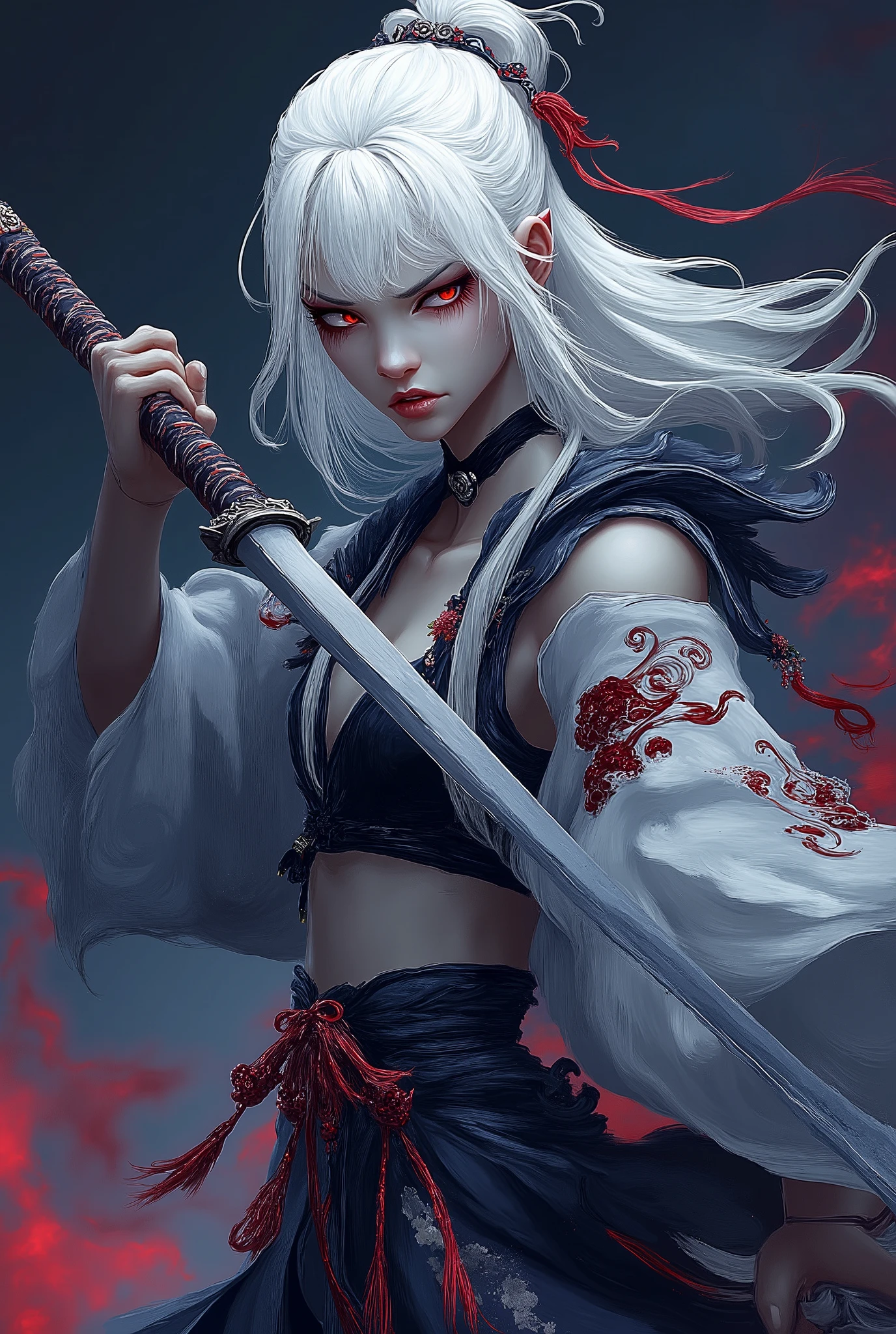 A young woman, light skin, with shoulder-length, pale-white hair, is depicted holding a katana. She is positioned slightly off-center to the left of the image. She is facing directly at the viewer. Her expression is serious and intense, conveying a sense of determination. She wears a loose, flowing, patterned kimono, with red and white floral designs, over a black short top. Red accents and ties are visible on the kimono and waist. A choker necklace is also visible. The woman's body type is slender and athletic, and her posture suggests readiness for action. The environment is a stylized, dark, and vibrant setting, with hints of neon colors and red-hued smoke or fire effects behind and around her. The style is anime-inspired, with a highly detailed and intricate visual quality. The lighting is dramatic and focused on the woman, highlighting the details of her features and clothing. The composition is dynamic and draws the viewer's attention to the woman and her actions. The background is blurry and slightly out of focus. A katana blade is prominently featured, extending across the image. The overall atmosphere is powerful and heroic.