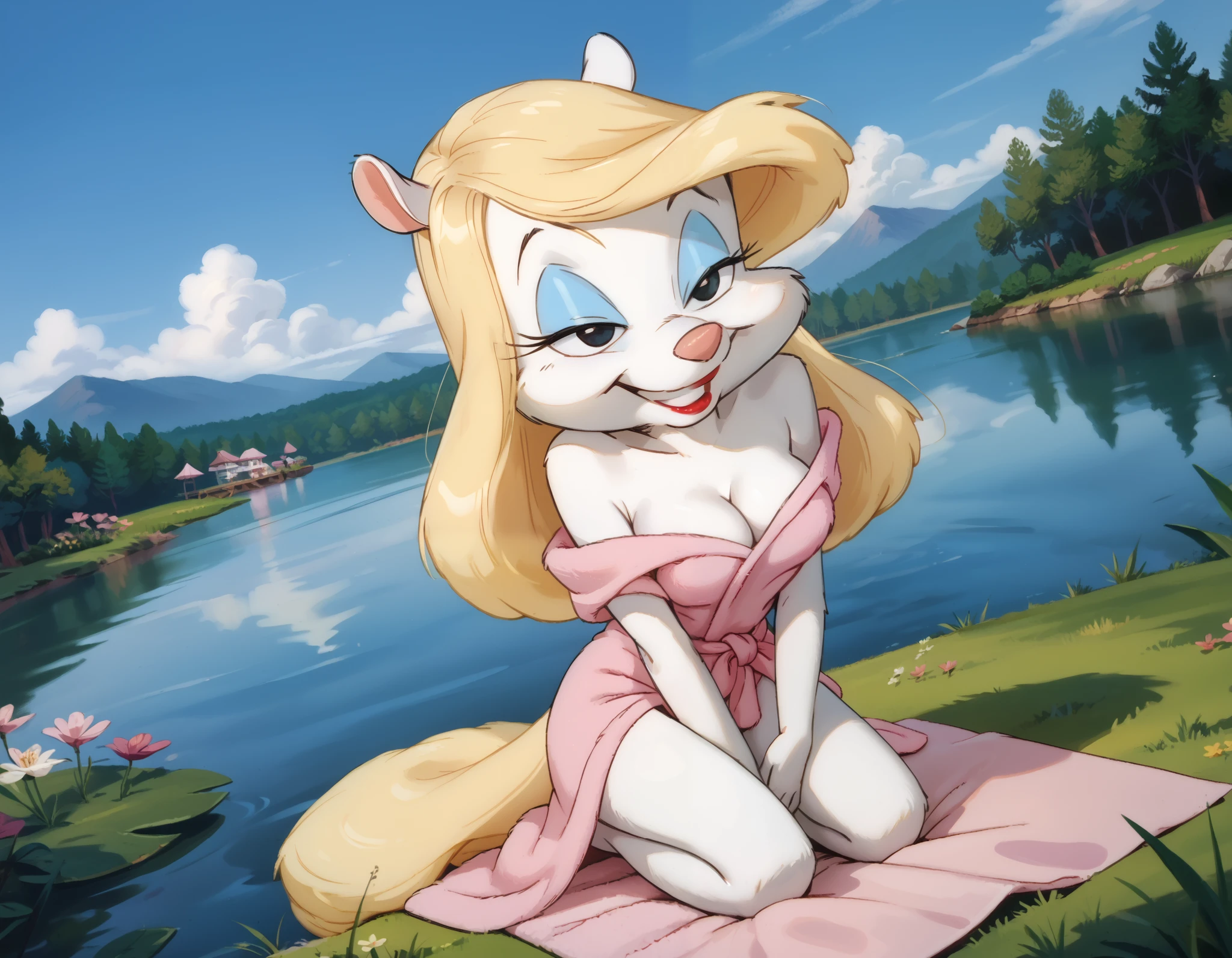 masterpiece,best quality, highly detailed, score_9, score_8_up, score_7_up, score_6_up,BREAK minerva mink, 1girl, white fur, blonde hair, fluffy blonde tail, solo, black eyes, long hair, (pink towel wrapped around body), half closed eyes, makeup, lipstick, medium breasts, cleavage, outdoors, lake, dutch angle, kneeling, grin, happy, tiny toons adventure artstyle