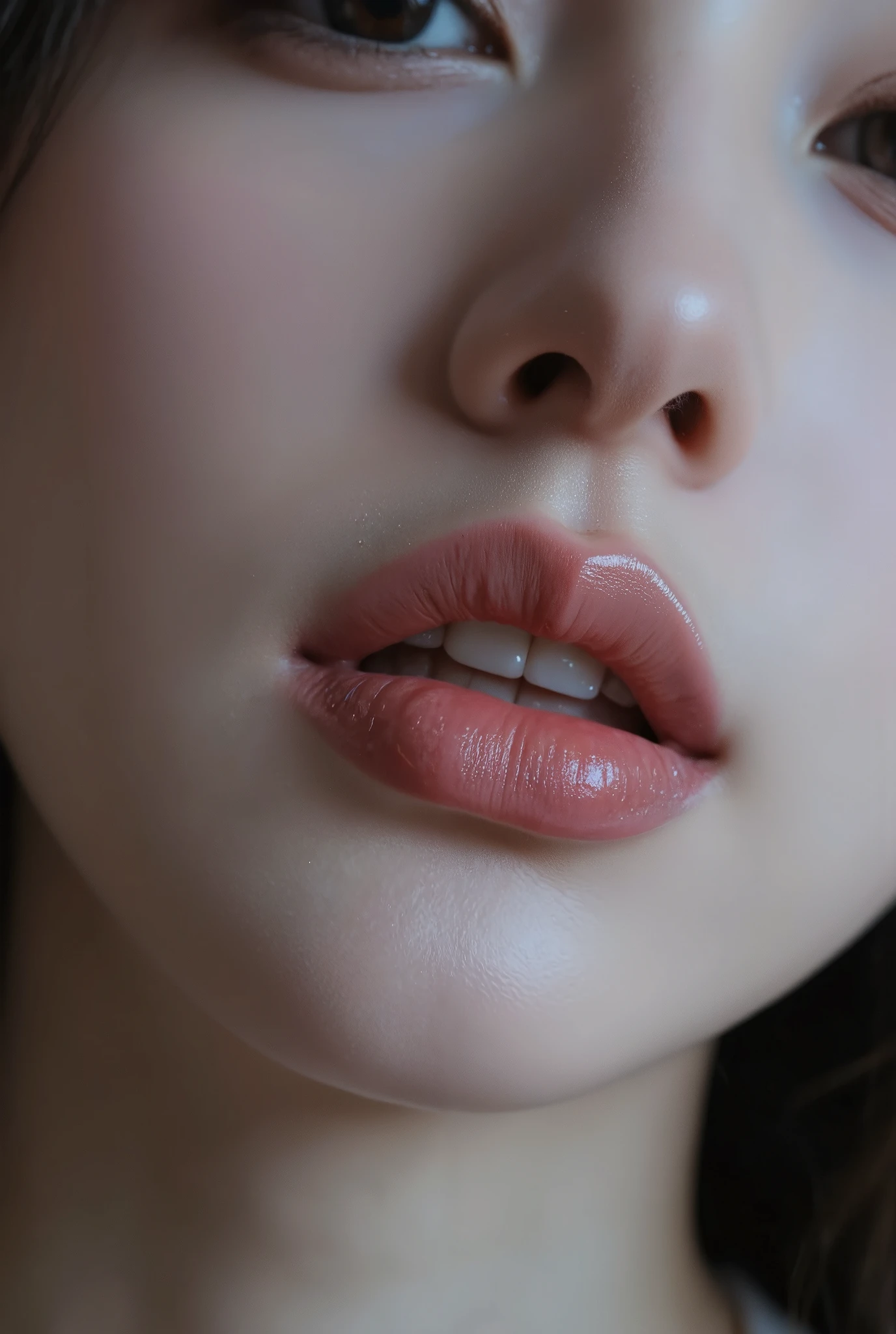 A woman’ s lips beautiful and wear’s lipgloss on her lips.